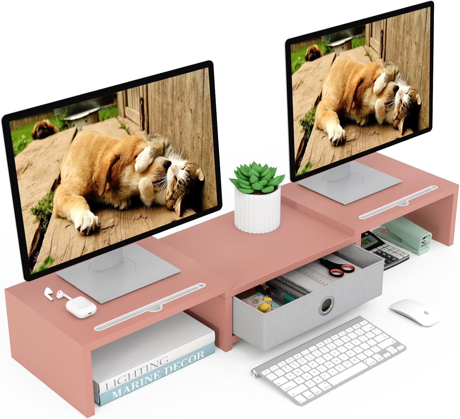 WESTREE Dual Monitor Stand with Drawer 3 Shelf Computer Monitor Riser, Desktop Stand Adjustable Length and Angle, Home Office Desk Accessories Supplies, White