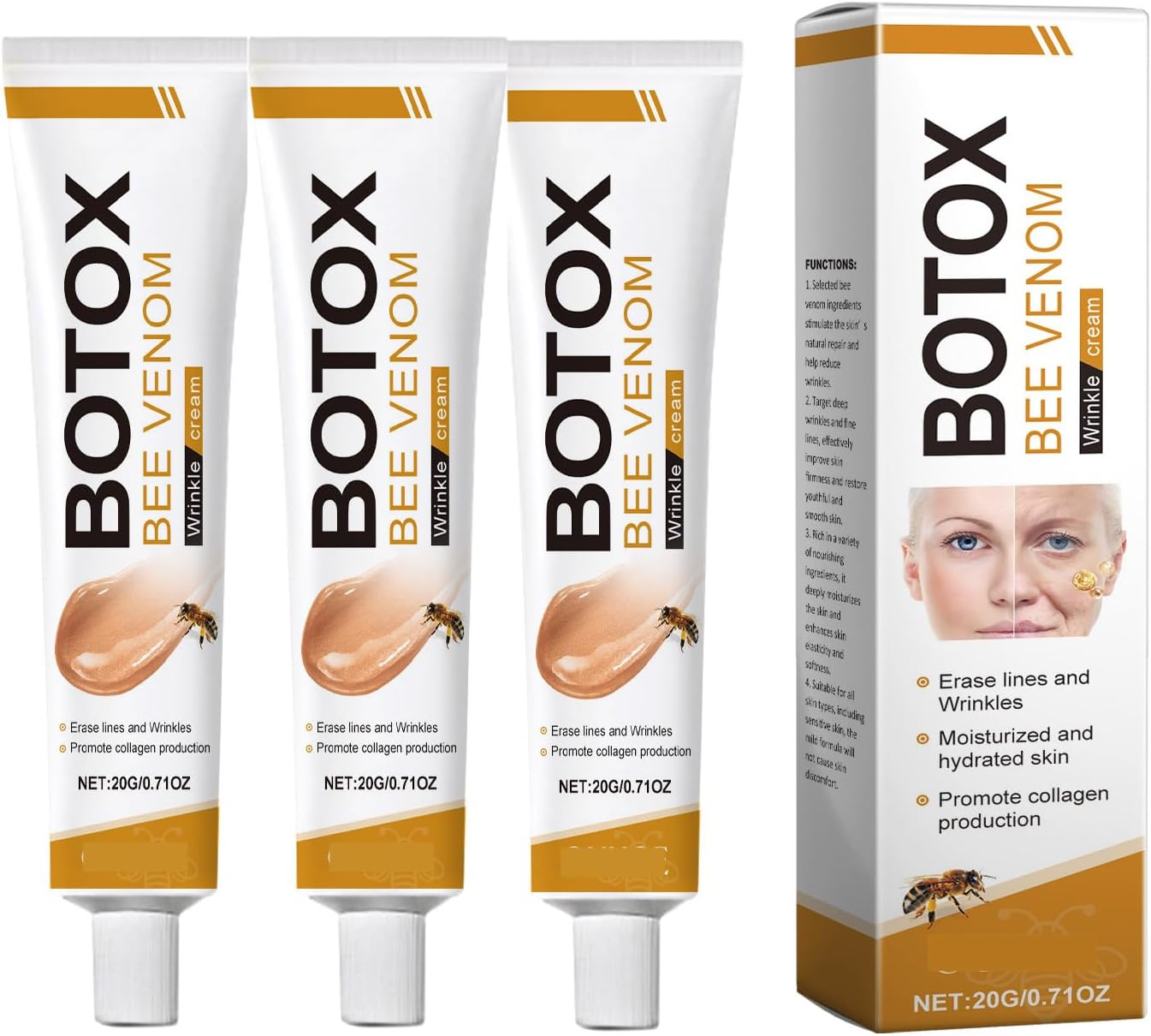 Botox Bee Venom Cream Australia，3Pcs Facial Skin Care Products，Wrinkle Removal & Firming, Moisturizing, Lifting & Recovery for Face and Body