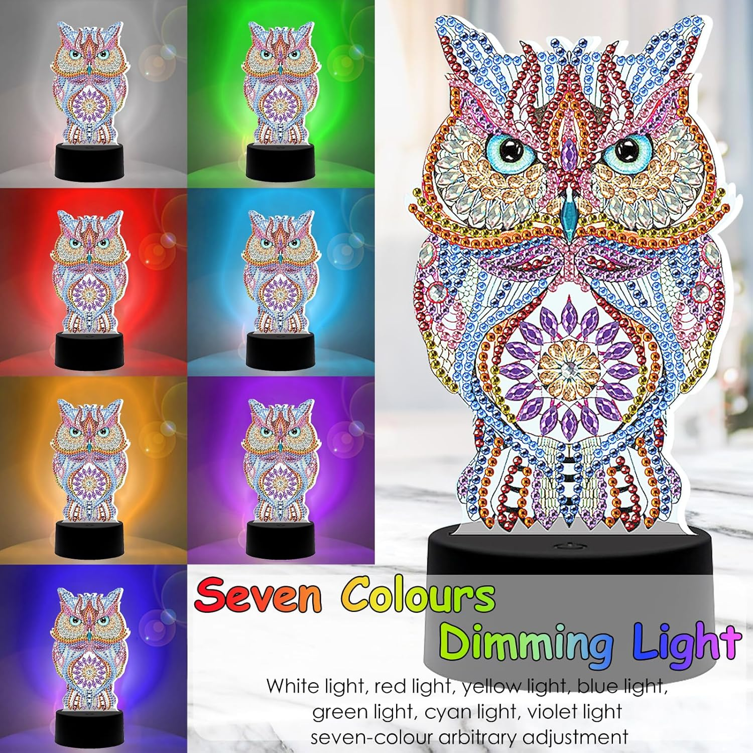 Arts and Crafts Toys for Girls Kids：Make Your Own GEM Led Colourful Night Light，3D Diamond Art Painting for 5-10 Years Old Boys Women Birthday Xmas Gift, Owl image number 6