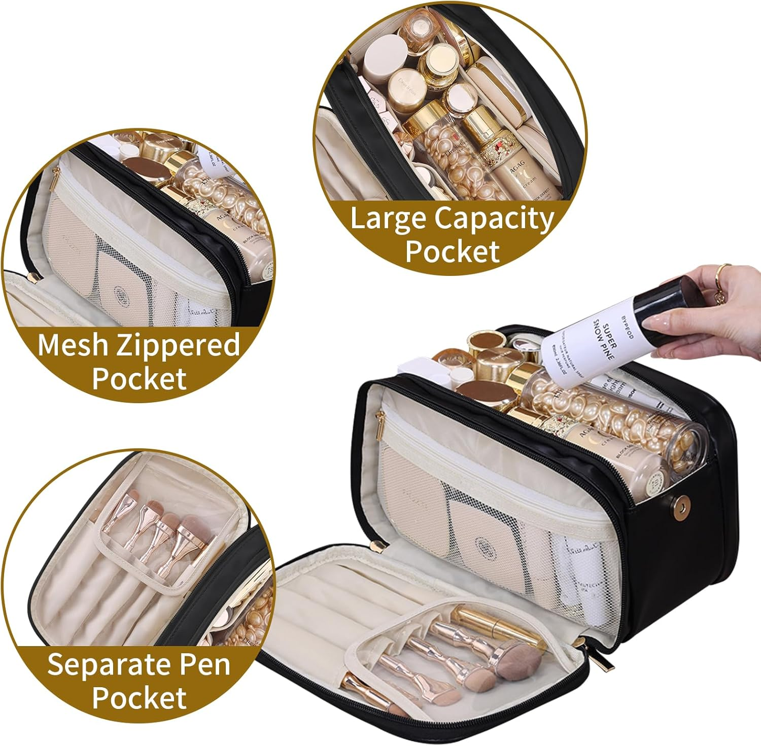 Ogetok Leather Makeup Bag for Women, Portable Travel Cosmetic Bags Zipper Make up Pouch for Ladies Woman, Large Toiletry Organizer Bag for Toiletries Cosmetics Accessories, Black image number 5