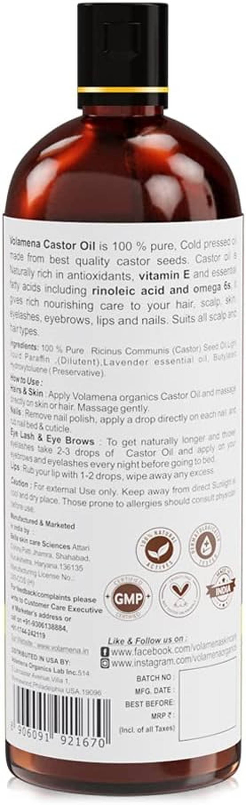 VOLAMENA with DEVICE Cold Pressed Castor Oil for Healthy Skin Hair and Nails 200 Ml image number 1