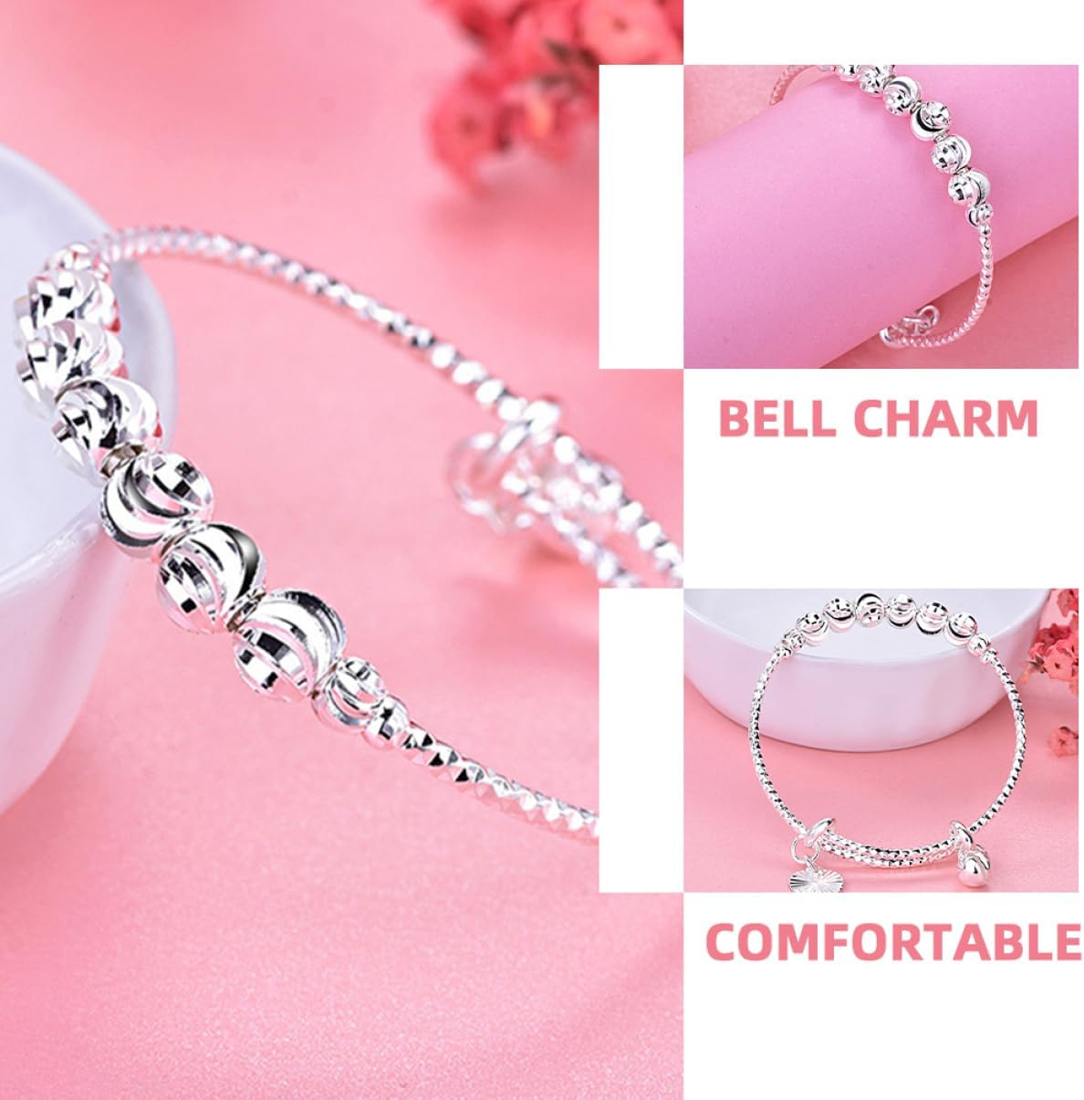 Garneck 2Pcs Silver Bangles for Girls Adjustable Infant Bracelets Bells Toddler Jewelry for Newborns Cute Baby Accessories image number 4