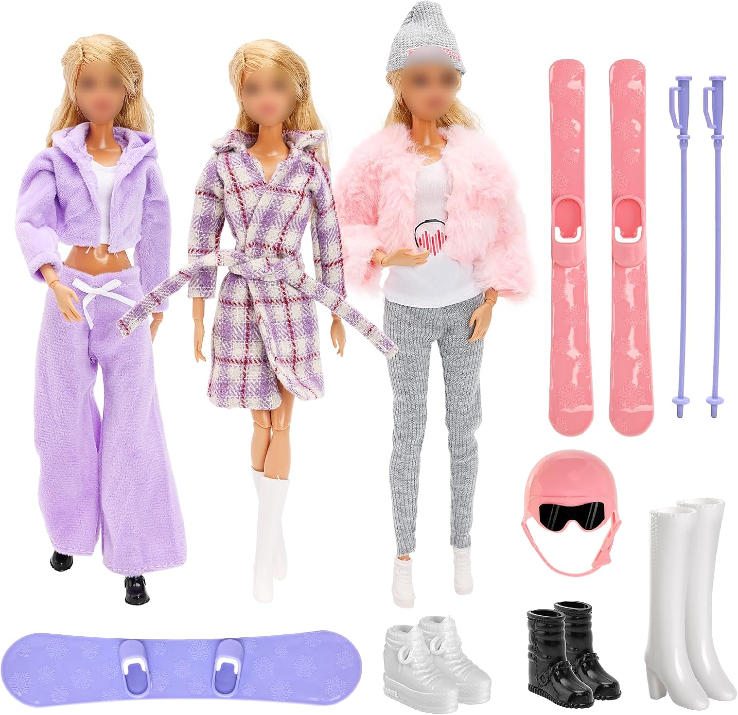 Barwa 13 Pcs Doll Winter Clothes and Accessories - 3 Set Doll Winter Coat Clothes, 2 Pairs of Shoes and 8 Pcs Skiing Accessories for 11.5 Inch Girl Doll Winter Playset