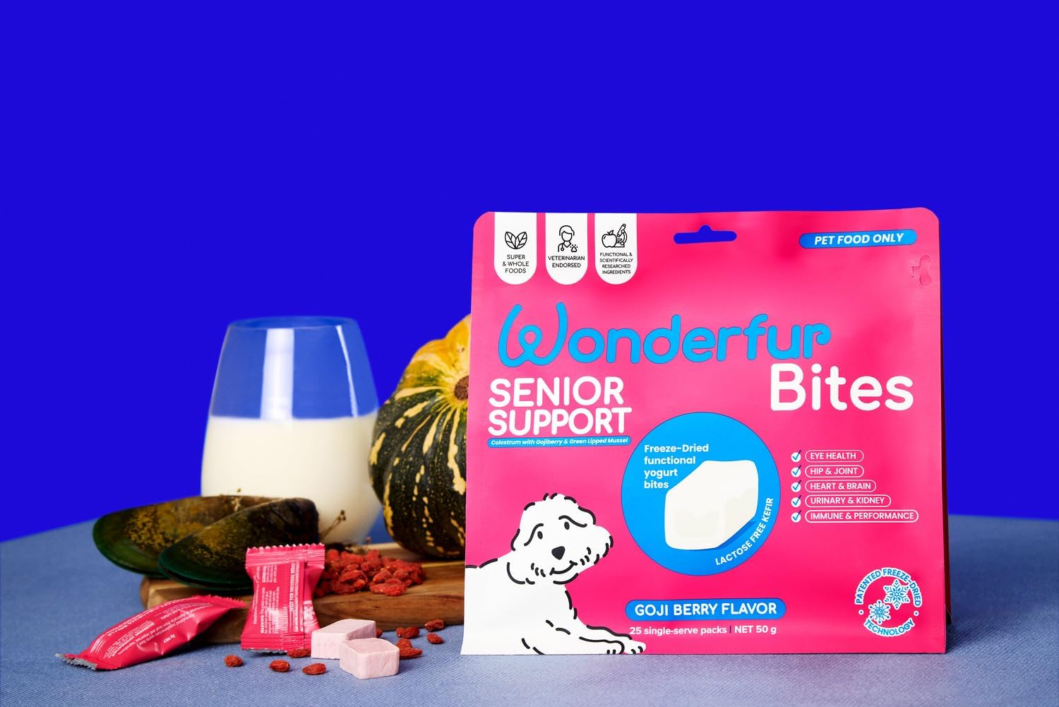 Wonderfur Senior Support Bites - Freeze-Dried, Vet-Endorsed Probiotic & Kefir Yogurt Treats with Superfoods & Nutrients for Senior Dogs, Human-Grade