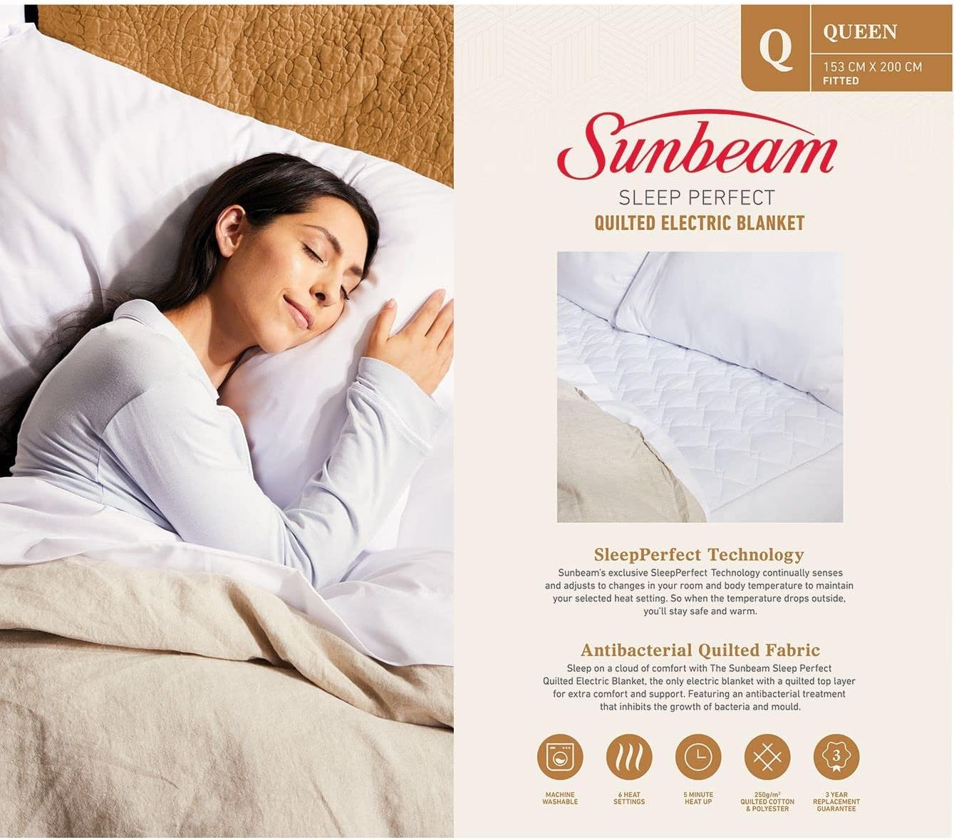 Sunbeam Sleep Perfect Quilted Electric Blanket Queen | Fully Fitted Quilted Cotton Top Layer, Antibacterial, Washable, Auto-Off Timer, Overheat Protection, Dual Controls BLQ6451 image number 1