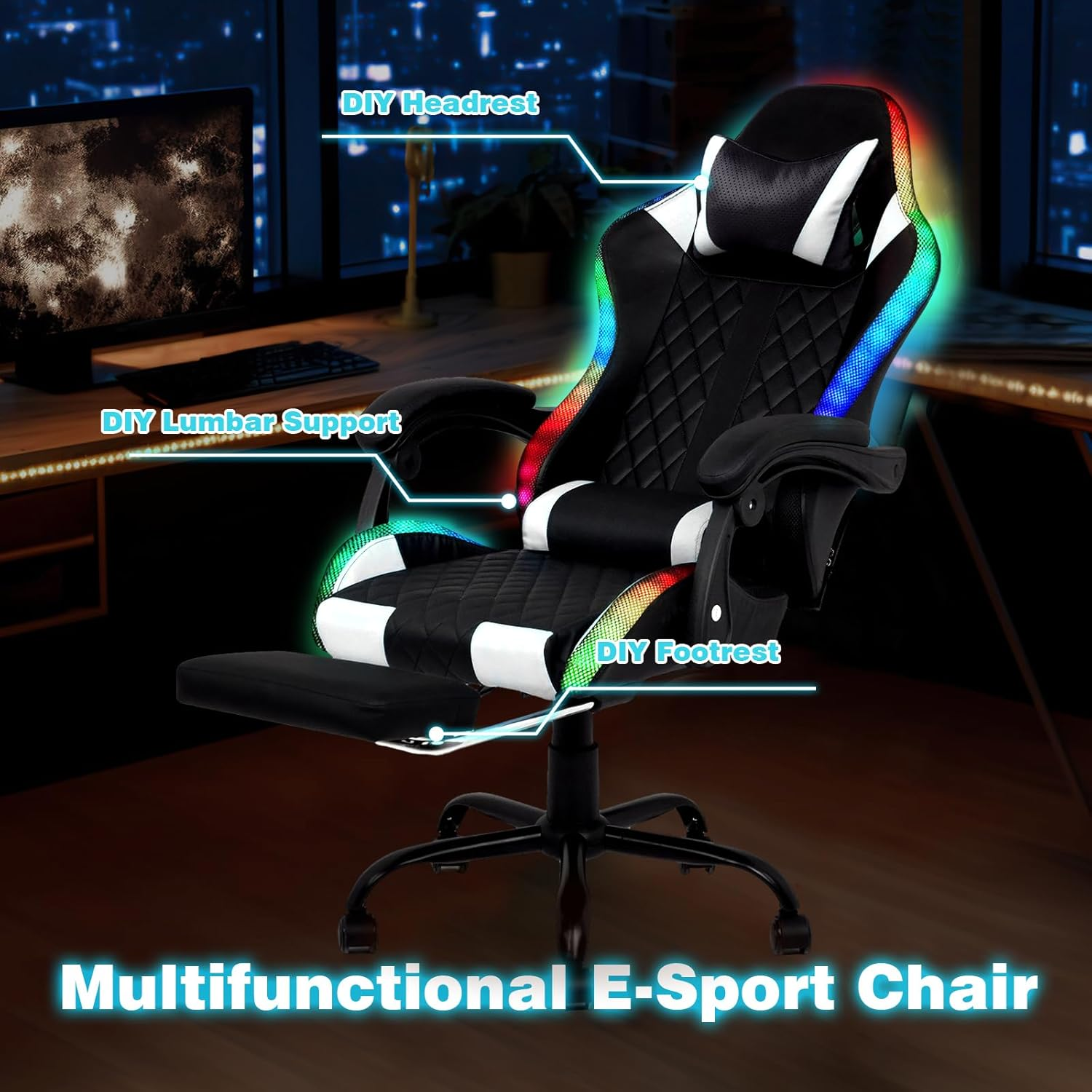 Ufurniture Gaming Office Chair RGB LED Lights,High Back Massagers Racing Recliner with Footrest,Ergonomic Executive Computer Chair with Lumbar Support,360&deg;Swivel,10Cm Height Adjustment Black & White - Full Black image number 5