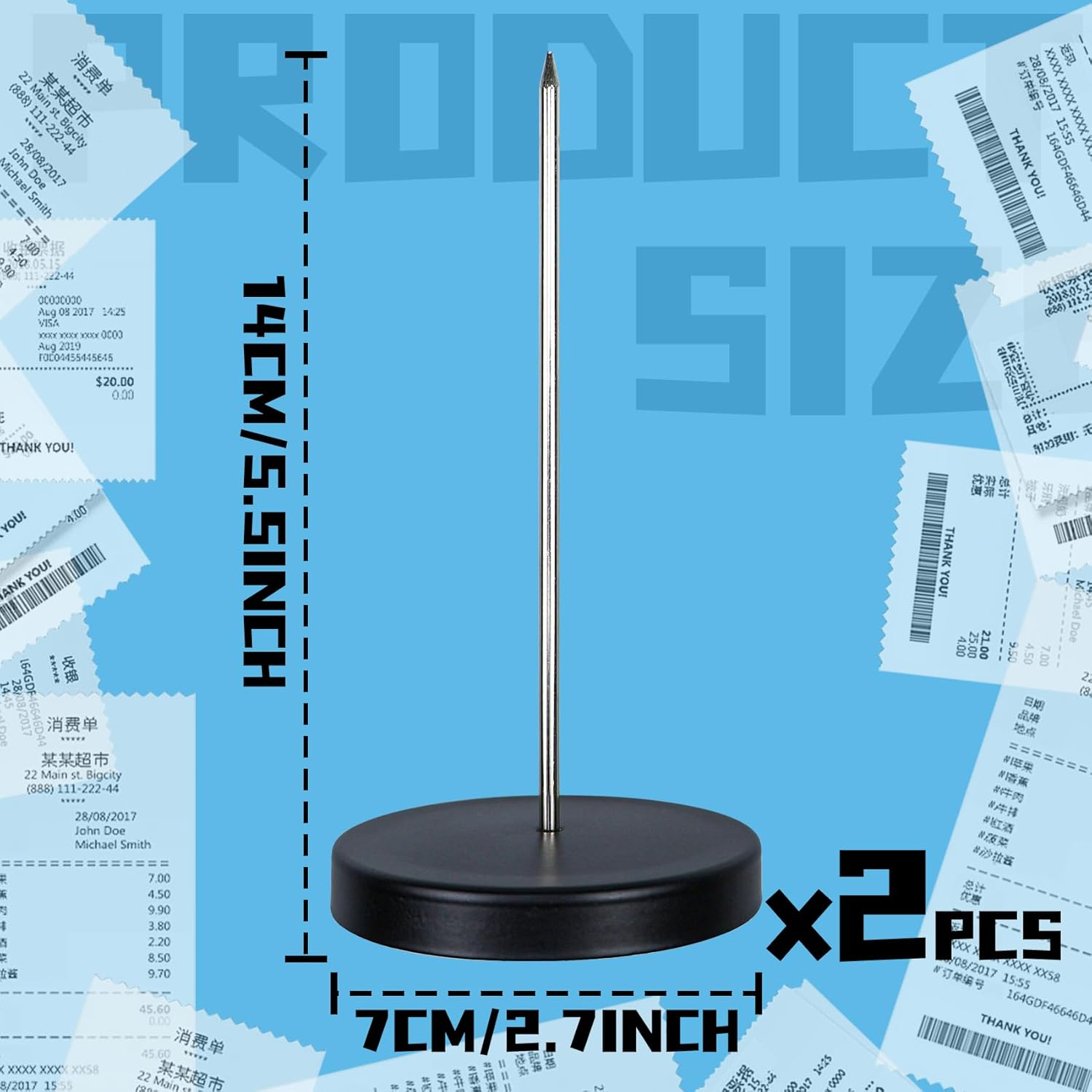 2 Pcs Receipt Holder Spike, 5.5Inch Metal Memo Spike, Black Straight Rod Spike with round Stand, Spindle Spike Stick Receipts Desk Check Bill Fork for Restaurant Office Bar Supermarket image number 1