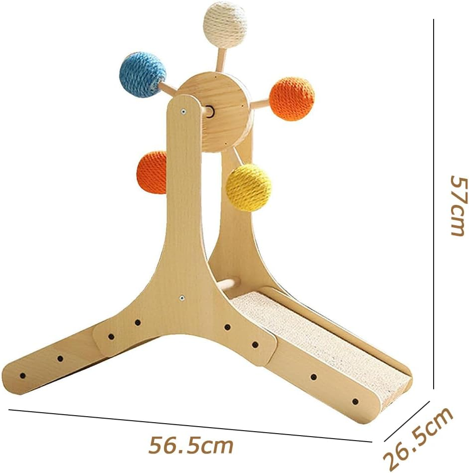 Wood Cat Climbing, Interactive Puss Play Tower, Toy with 360&deg; Rolling Ball & Ramp Scratcher, for Indoor Pussy to Play (56.5 X 26.5 X 57CM)