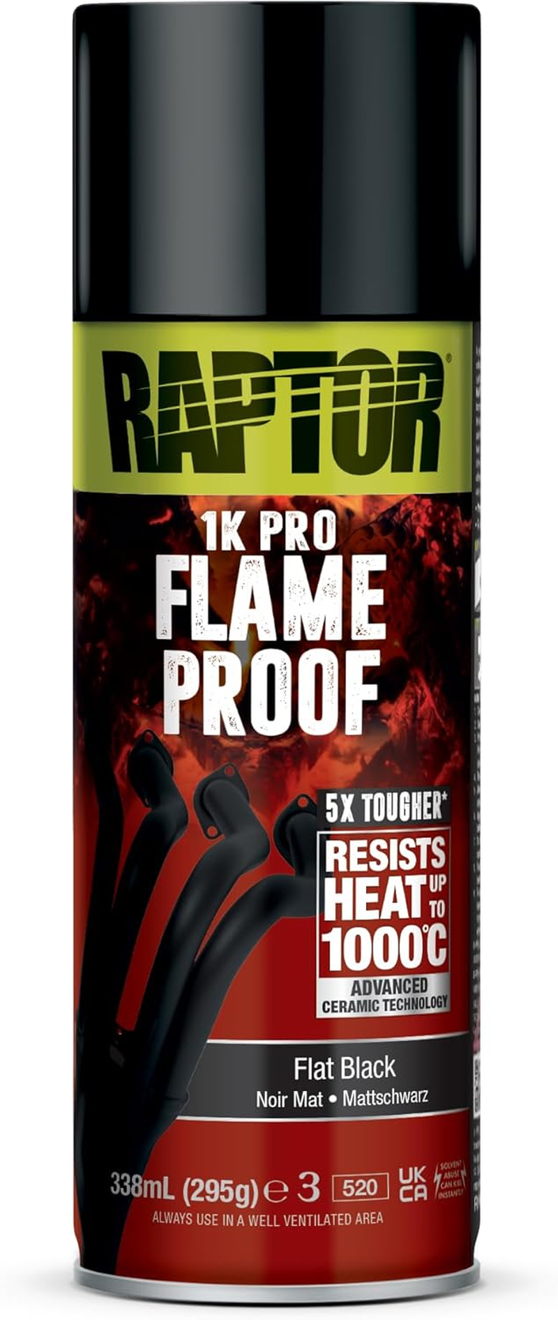 U-POL Raptor Flameproof, Fireproof, Heat Resistant up to 1000 &deg;C, Thermal Paint Spray, Protection for Exhaust, Engine & Exhaust Manifolds from Rust, Quick Drying (Flat Black/Matte Black, 338 Ml)