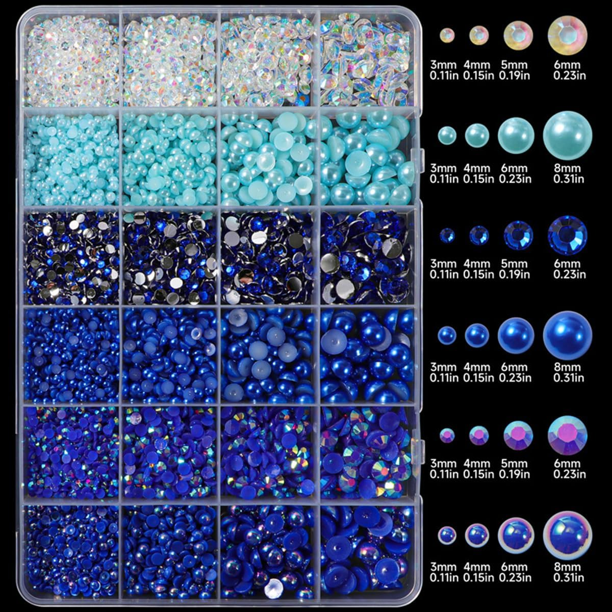 24 Grid Flatback Rhinestones and Beads for Nails, Betterjonny Rhinestones for Crafts 3-8 Mm Glitter Stones Half Beads with Tweezers and Dotting Pen for DIY Crafts Nail Design Clothing, B image number 2