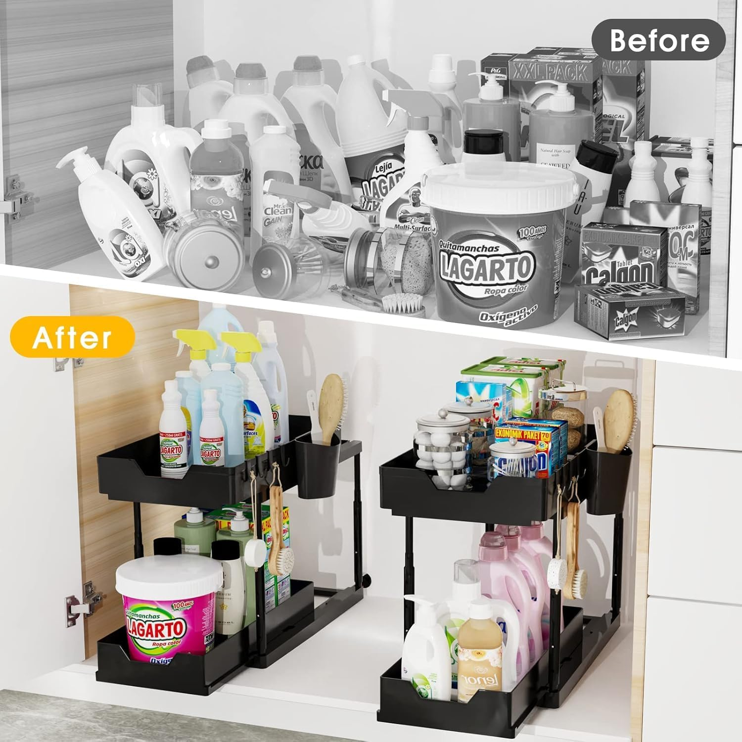Adjustable Height under Sink Organizers, Wizsofer 1 Pack Double Sliding Bathroom Cabinet Organizer, Kitchen Multipurpose under Sink Cabinet Storage with Hooks and Cup (1PCS) image number 2