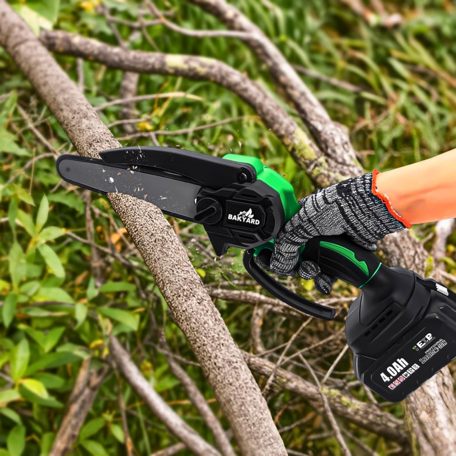 Mini Chainsaw 6-Inch Brushless with 2-Pack 2000Mah Batteries, Auto Oiler System, Toolless Adjustment Portable and Cordless for Wood Cutting Tree Trimming DIY Projects Gardening Camping (Green) image number 1