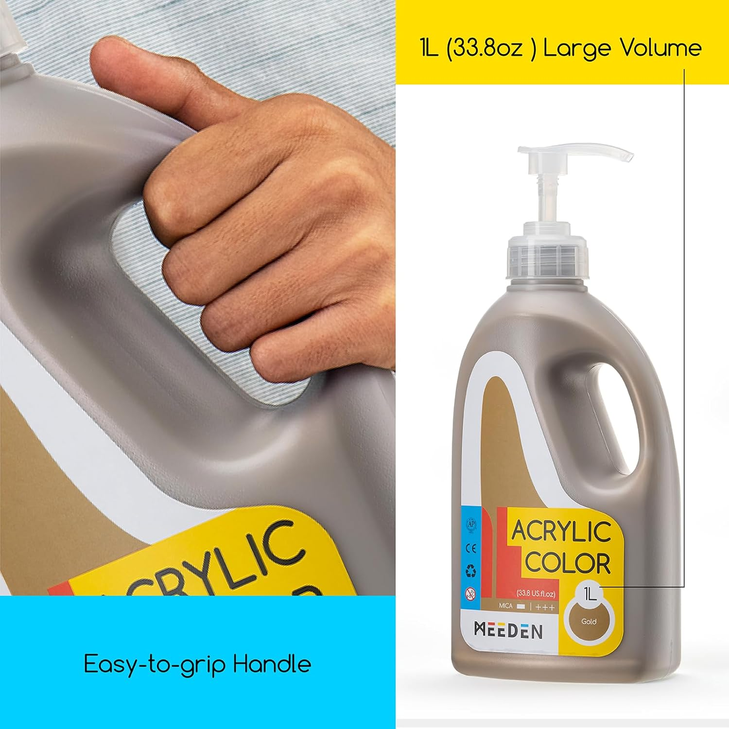 MEEDEN Metallic Gold Acrylic Paint: 1 L /33.8 Oz Liquid Paint with Pump Lid - Gold Art Paints for Canvas, Crafts, Studio, School, Wall & Poured Paintings image number 1