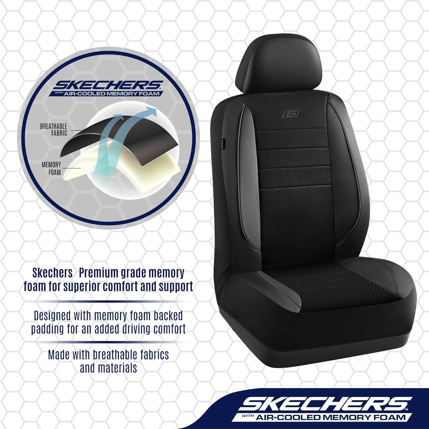Skechers Air-Cooled Memory Foam Seat Covers,Mesh Thick Car Seat Covers,Piping Leather Car Seat Covers Front Seats,Airbag Compatible,Automotive Comfort Universal Fitmost Cars,Vans,Truck,Suv,Black image number 7