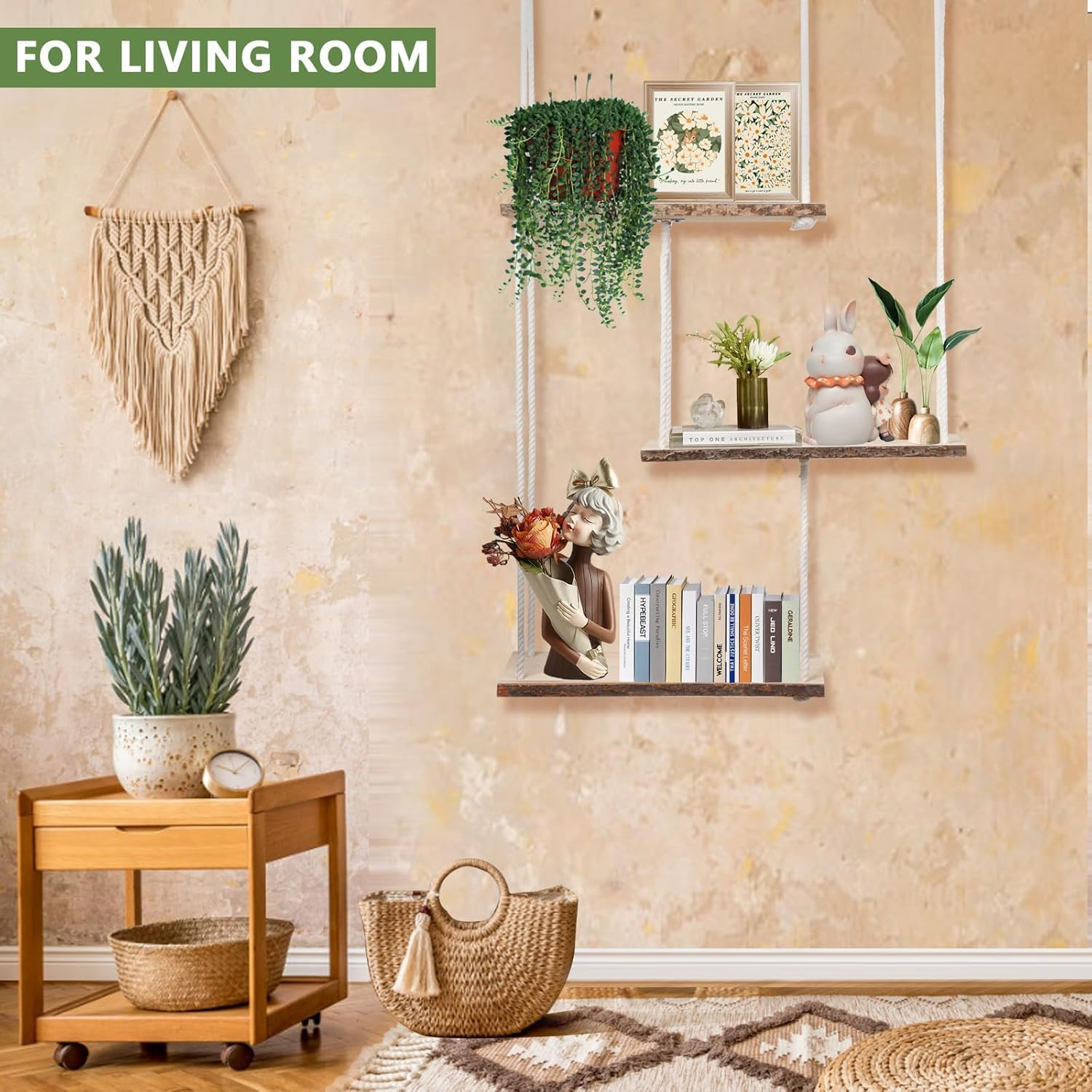 3 Tier Hanging Shelves for Wall,Wall-Mounted Shelf Boho Room Decor Handmade Cotton Rope,Hang Shelf to Walls Shelves for Plant Shelf Indoor Ledge Hang,Floating Racks to Walls image number 1