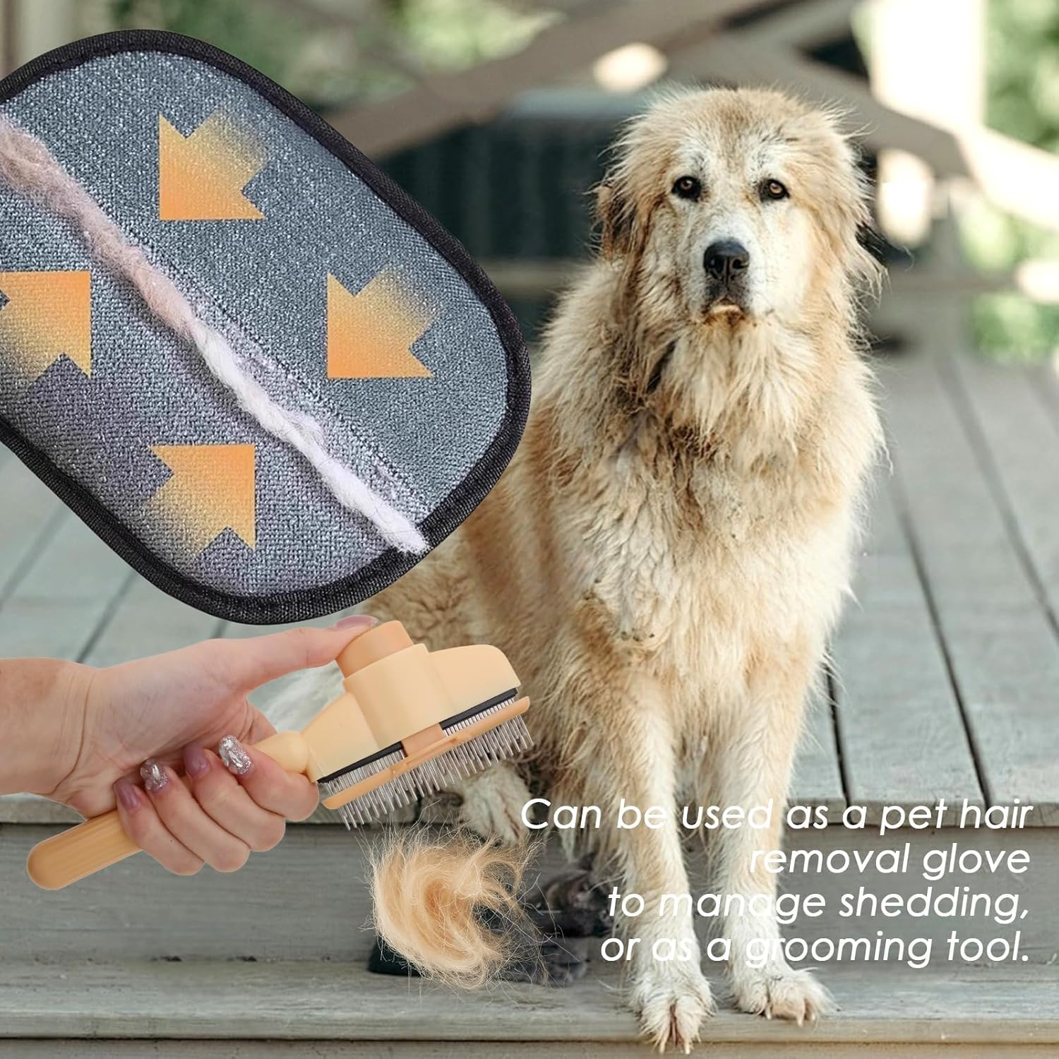 XXHUO Pet Hair Glove and Brushes, 1 Pair Anti-Static Gloves + 1 Hair Removal Brush + 1 Grooming Brush with 2 Hooks for Storing Cats Dogs Long Hair Short image number 1