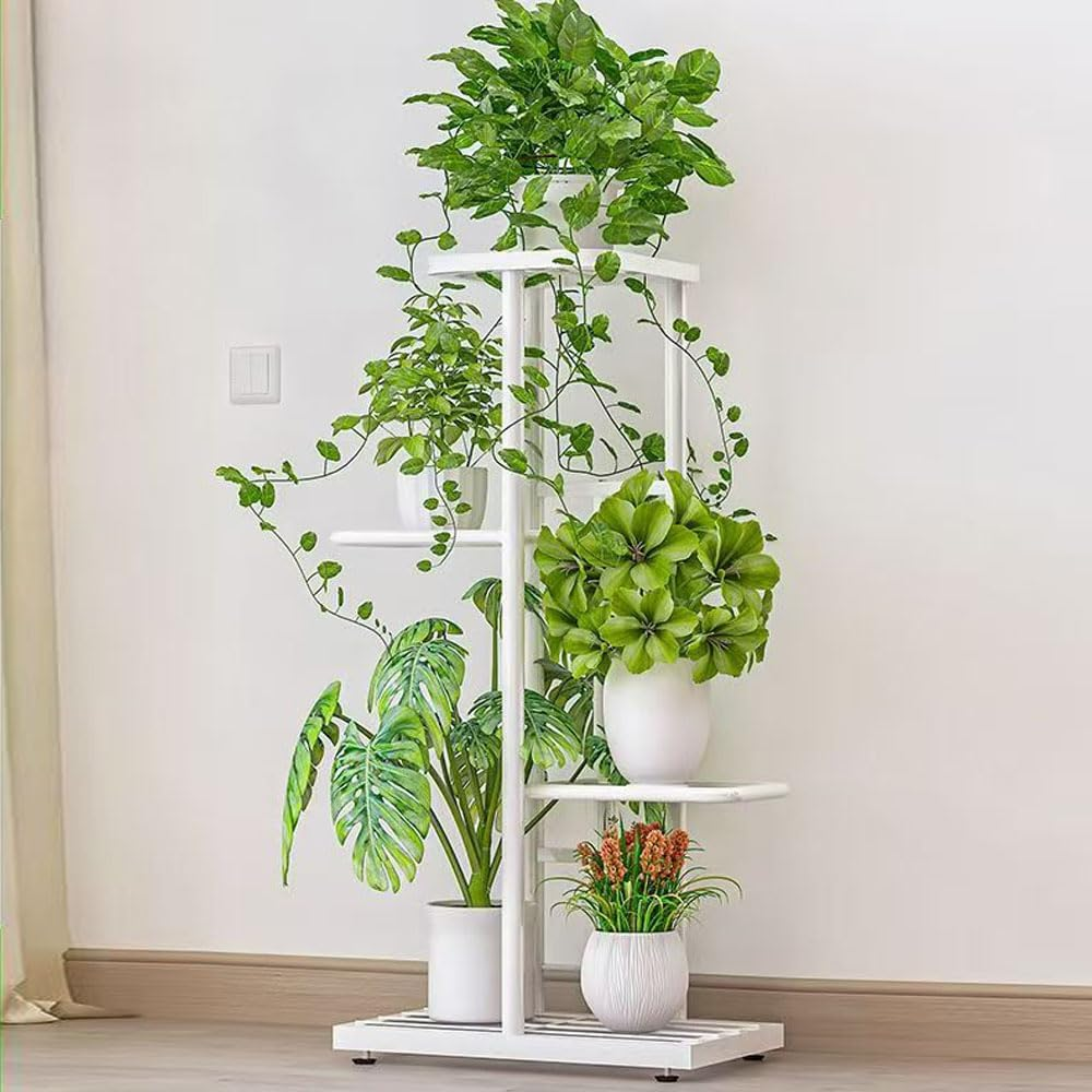 Hbluefat 4 Tier Metal Plant Stand Rack, 5 Potted Multiple Flower Pot Holder Shelf, Indoor&Outdoor Planter Display Shelves for Patio Garden, Living Room, Corner Balcony and Bedroom (White)