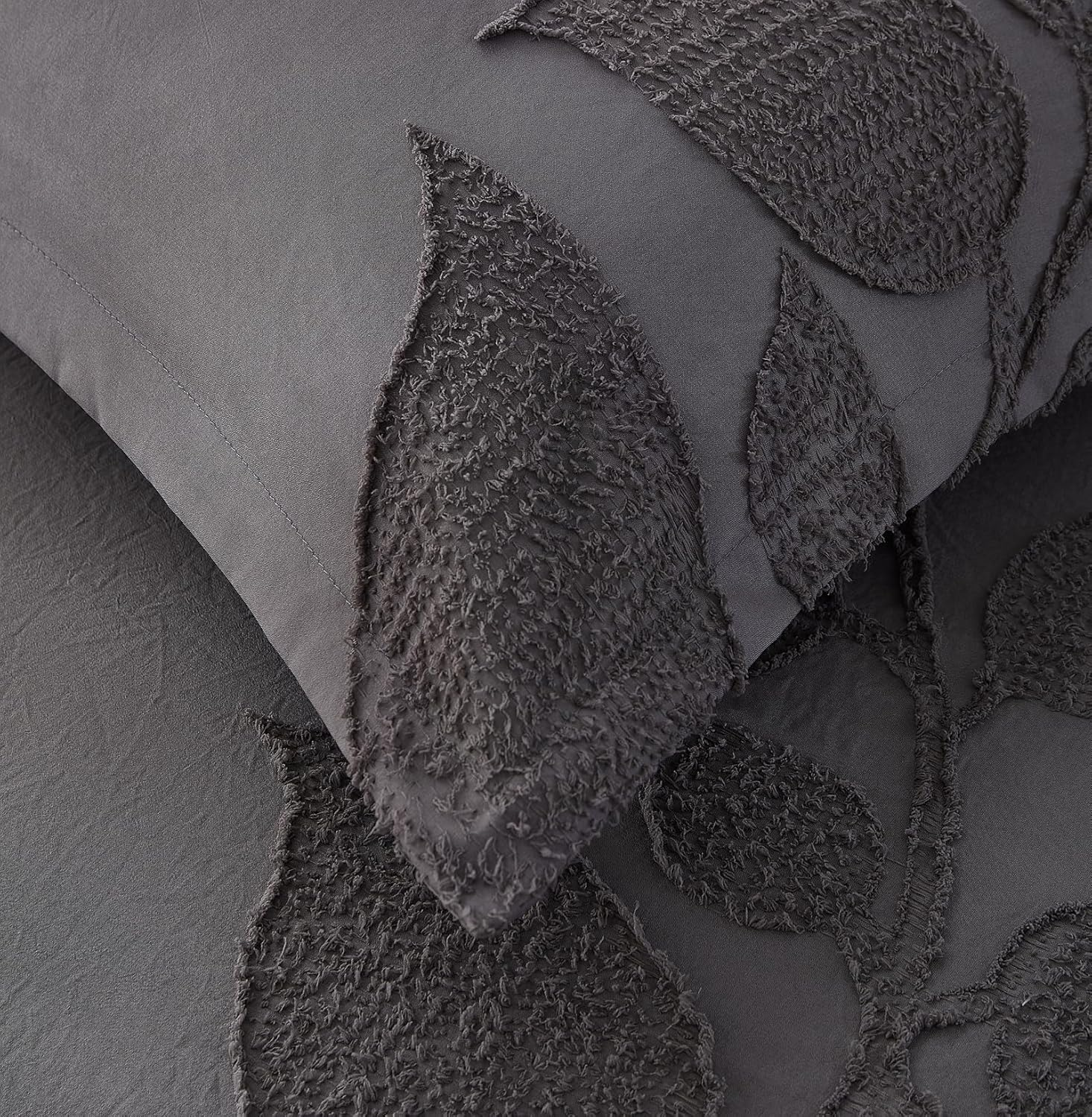 Techshing 3-Pieces Doona Cover Set, Dark Grey Microfiber Quilt Cover with Pillowcases, 3D Embossed Leaf Modern & Soft Bedding - Double/Full (US Size: 203X229Cm) image number 3