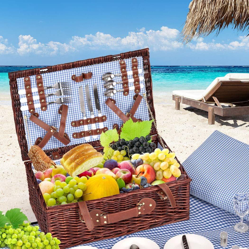 4 Person Picnic Basket Set Baskets Insulated Bag Outdoor Blanket Camping Beach Deluxe Willow Wicker Gift Storage Travel 54Cm X 20Cm X 34Cm image number 4