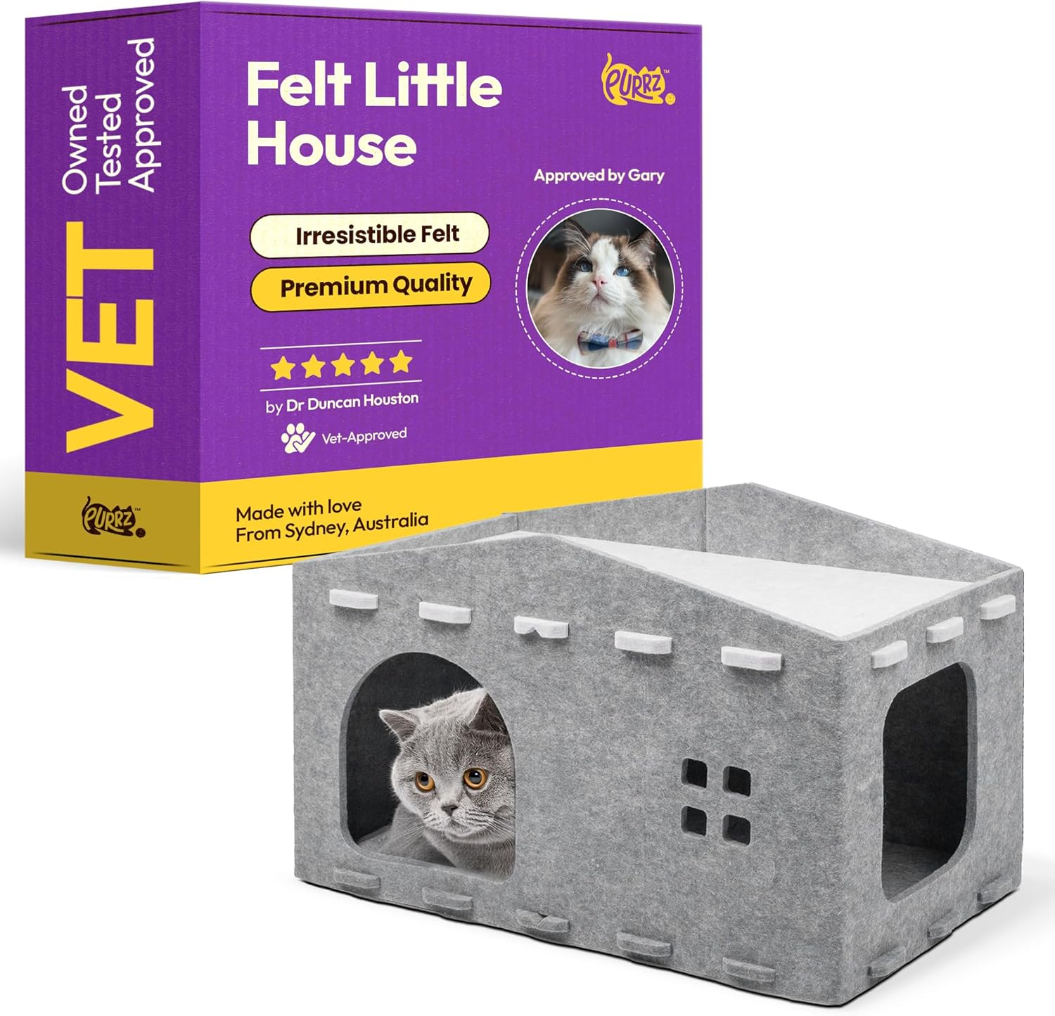 PURRZ Cat Felt House &ndash; Cozy Indoor Hideaway for Cats & Kittens &ndash; Durable, Enclosed Felt Cat Cave Bed &ndash; Modern, Easy-To-Clean Furniture for Home D&eacute;cor