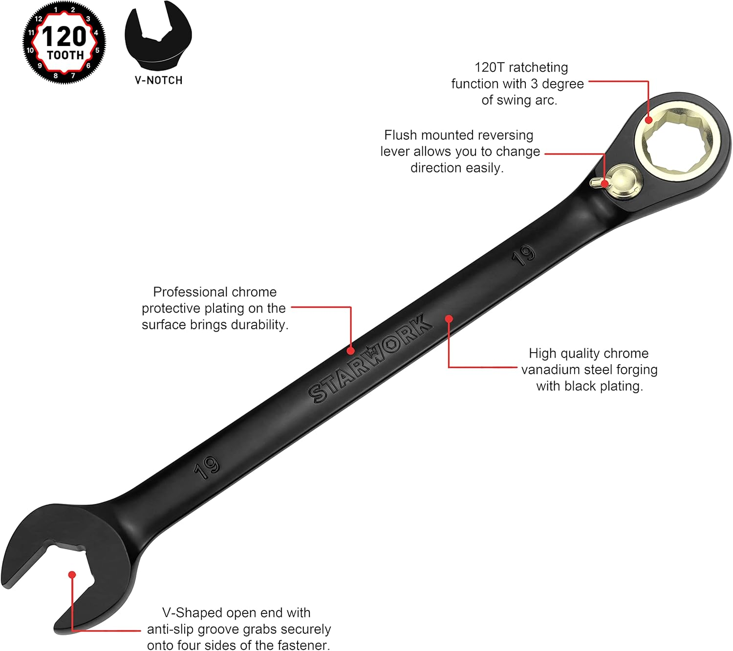 STARWORK TRUE MECHANIC&trade; 20 Pc. 120T Reversible Ratcheting Combination Wrench Set, Non-Slip, Long Pattern, SAE, Metric, Professional, with Portable Roll-Up Pouch Bag