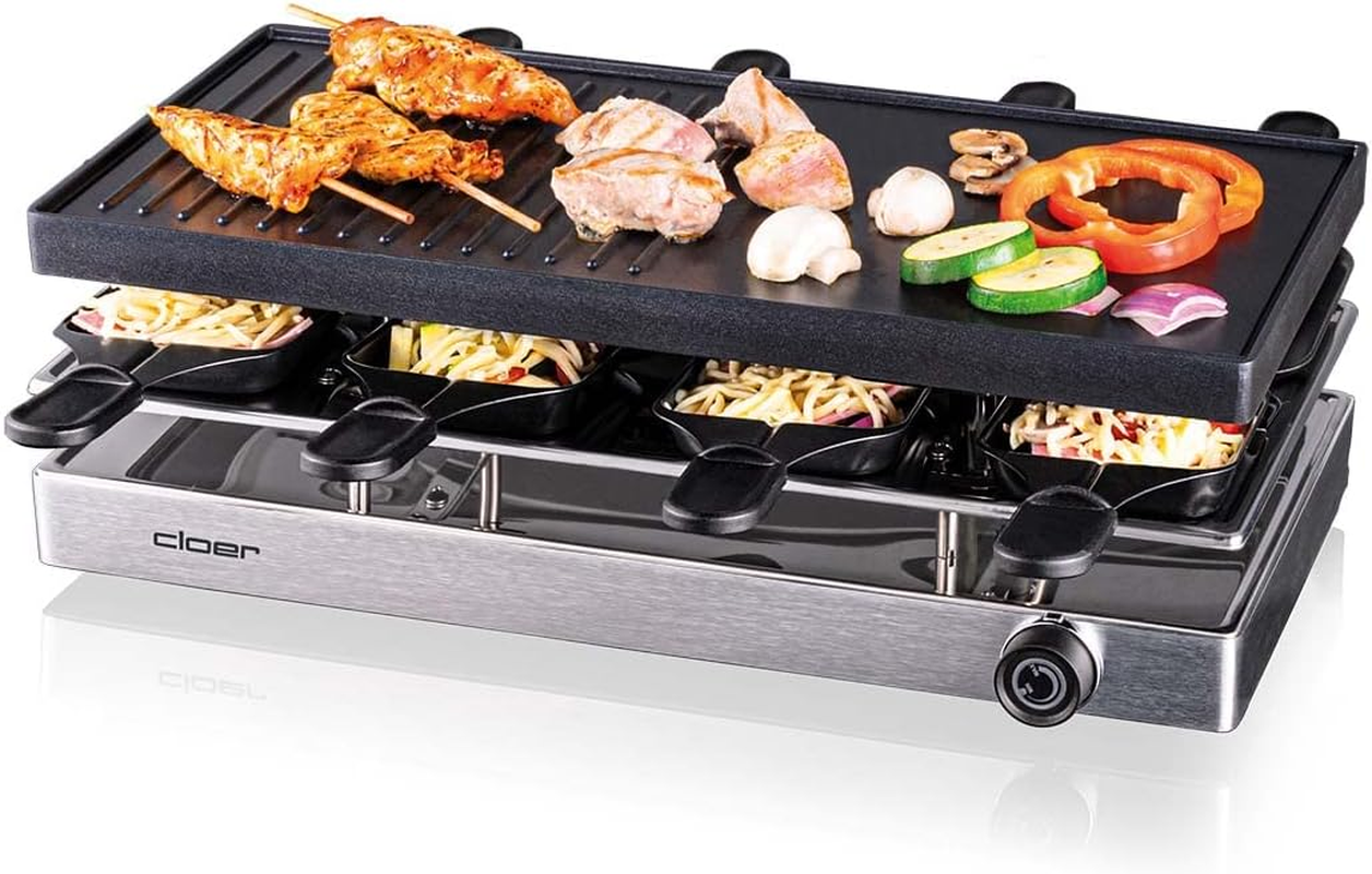 Cloer 6458 Raclette Grill with Die-Cast Aluminium Plate, 1200 W, 8 Non-Stick Raclette Pans, Plastic Spatula, Unheated Parking, Aluminium image number 4