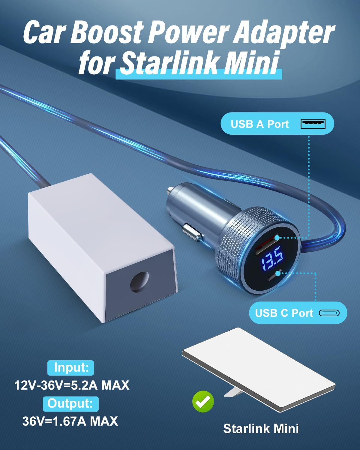 Starlink Mini 12V Car Adapter with Step up Converter, Cigarette Lighter Plug 12V to 36V DC Step up Converter (12-36V Input, 36V/1.67A Output), Starlink Mini Car Adapter Accessories image number 5