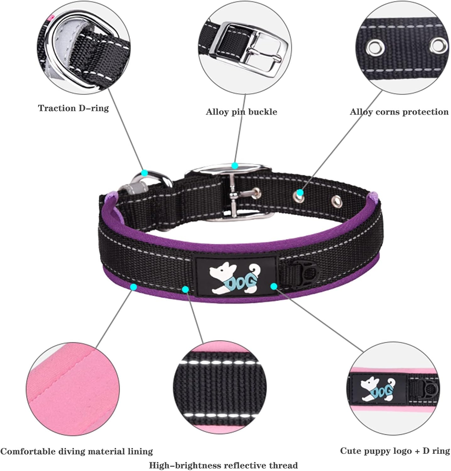 Haoyueer Comfortable Soft Neoprene Padded Dog Collar, Reflective Pet Collar, Adjustable Durable Nylon Dog Collar for All Breeds Large Dogs (S, Pink) image number 5