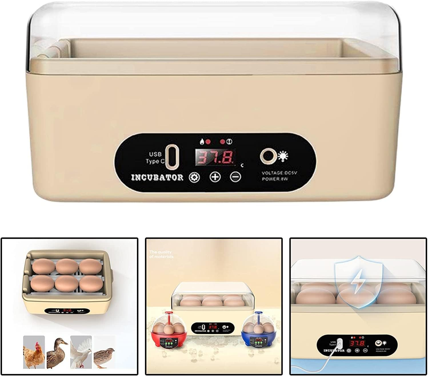 Chicken Egg Incubator, Automatic Egg Hatching Incubator, 4-6 Mini Digital Poultry Hatcher, with Automatic Egg Turning Temperature Control Humidity Display for Hatching Chicken Quail Duck Bird Eggs image number 5