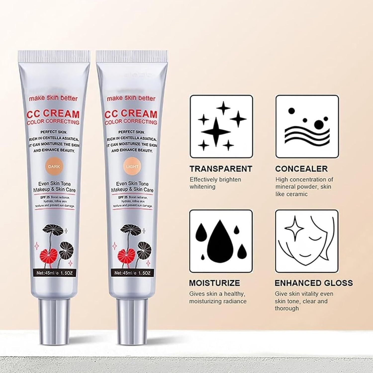 Korean Color Changing CC Cream, Rich in Centella Asiatica Color Changing CC Cream Multi-Function Color Changing Moisturizing Foundation Waterproof Long-Lasting Makeup (1.5Oz) image number 2