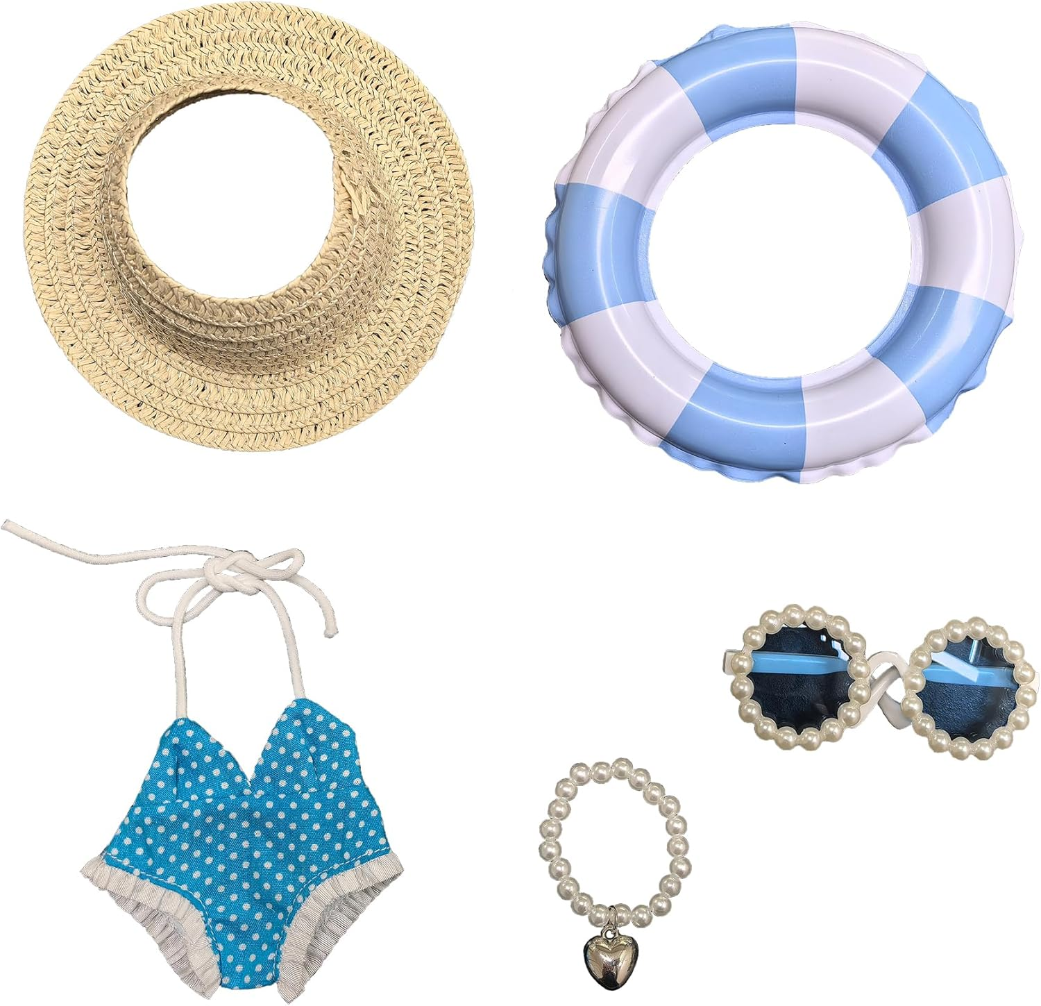 5 - Piece Doll Clothes Swimsuit Set | Straw Hat, Pearl Sunglasses, Blue Plaid Swimming Suit , Pearl Necklace & Swim Ring for 14 - 17Cm Labobo Labibu (No Doll) image number 1