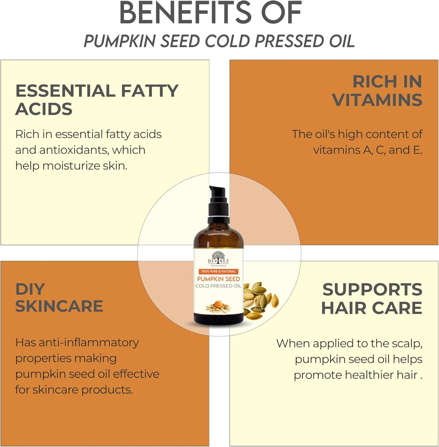 Devinez Pumpkin Seed Pure Cold Pressed Certified Oil, 50Ml - 100% Pure & Natural, Undiluted for Hair Loss, Younger Looking, Healthier Skin & Natural Remedies image number 3