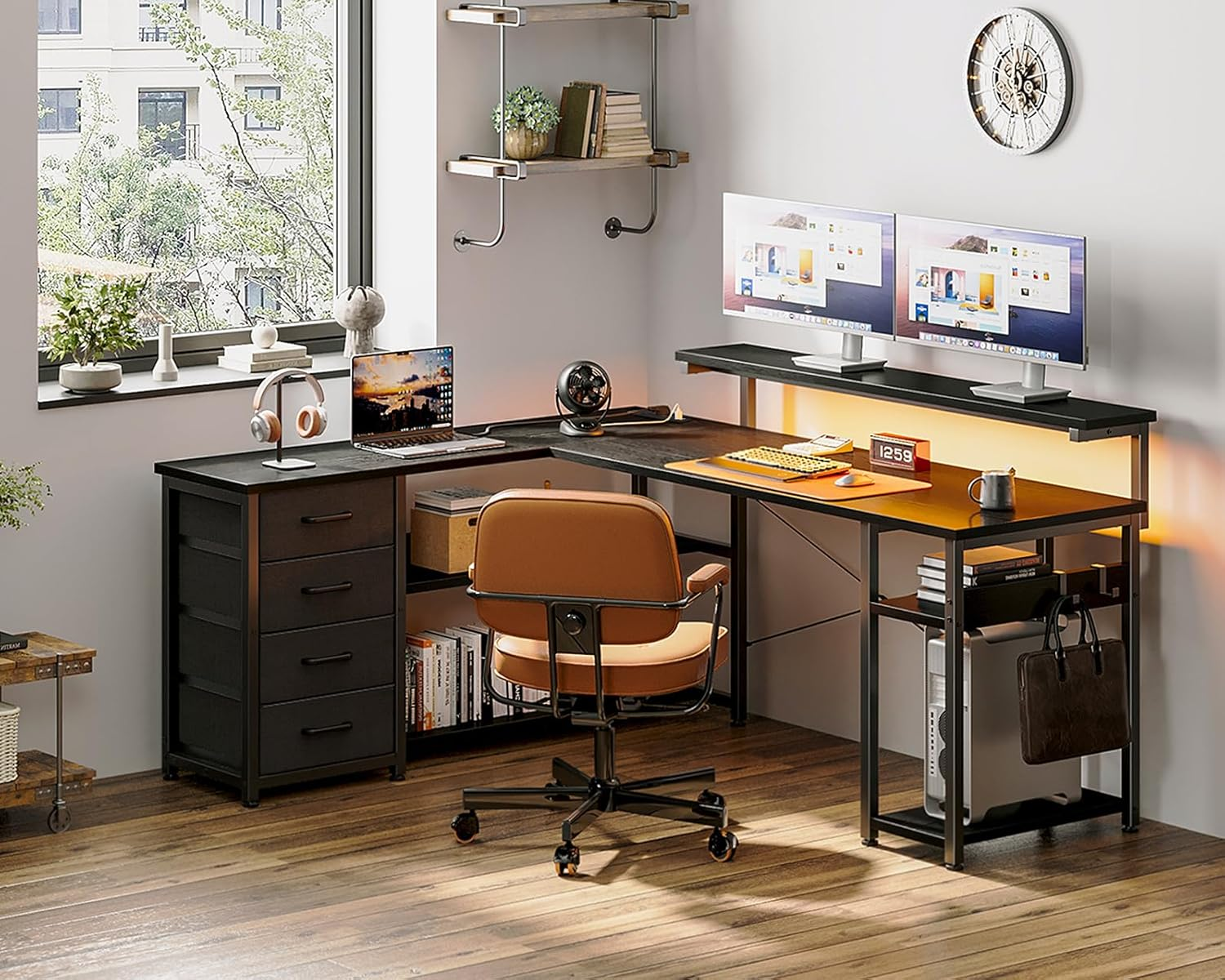 ODK L Shaped Desk with 4 Drawers, Corner Gaming Desk with LED Lights & Power Outlets, Reversible Home Office Computer Desk with Monitor Shelf,135 * 112.1 * 91.2Cm, Black image number 6