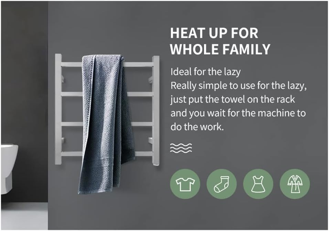 ACA Trading SAA Bathroom Heated Towel Rack,4 Rungs Square Electric Heated Towel Rail,Wall Mounted Towel Warmer Dryer,Stainless Steel Clothes Towel Drying Heater,Waterproof IP55 &SAA Apporved(Silver) - Chrome - 6 Bar image number 5