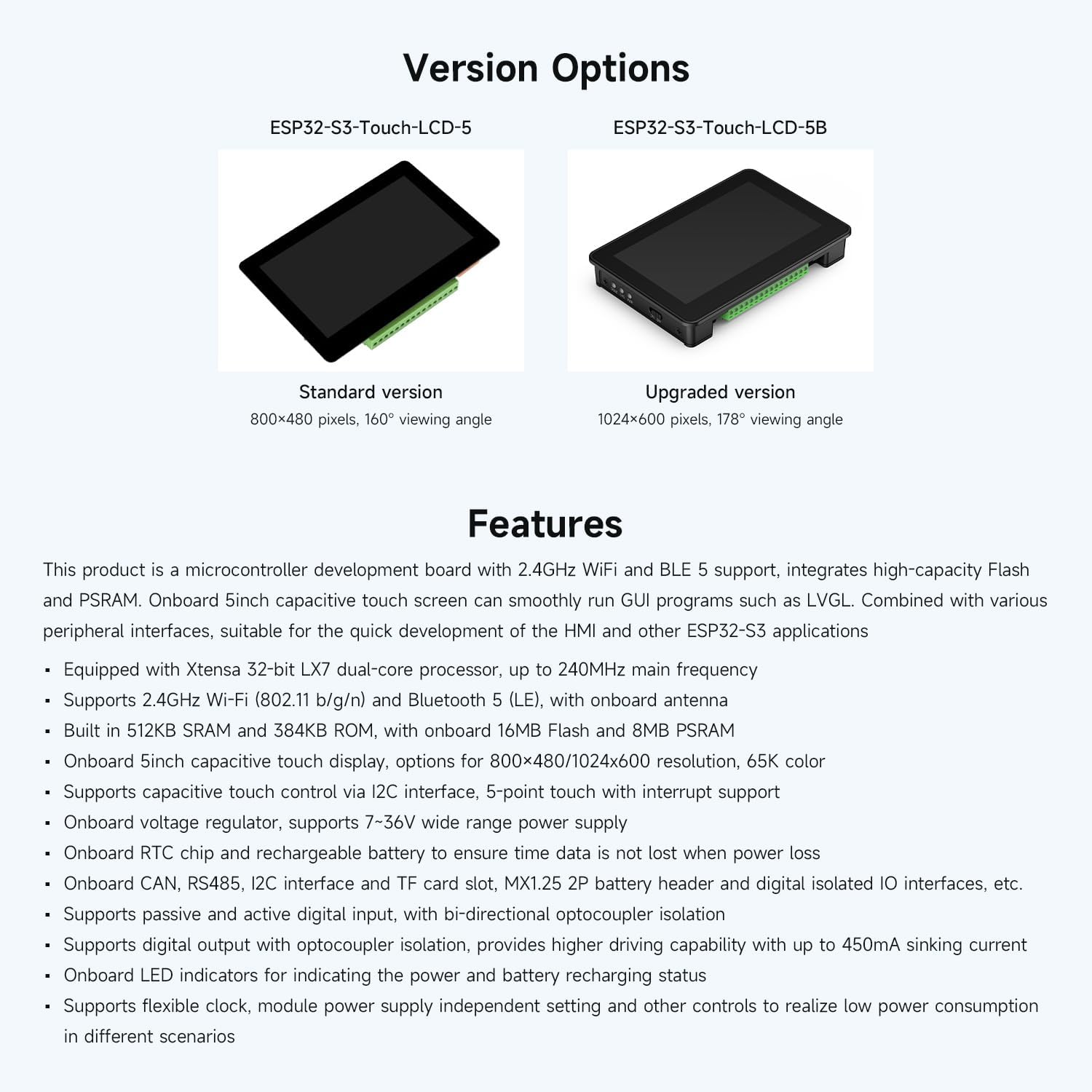 Waveshare ESP32-S3 5Inch Capacitive Touch Display Development Board, 5-Point Touch, 32-Bit LX7 Dual-Core Processor, Support W-F & Blue-T, with Onboard Antenna, 1024X600 Display Resolution image number 1