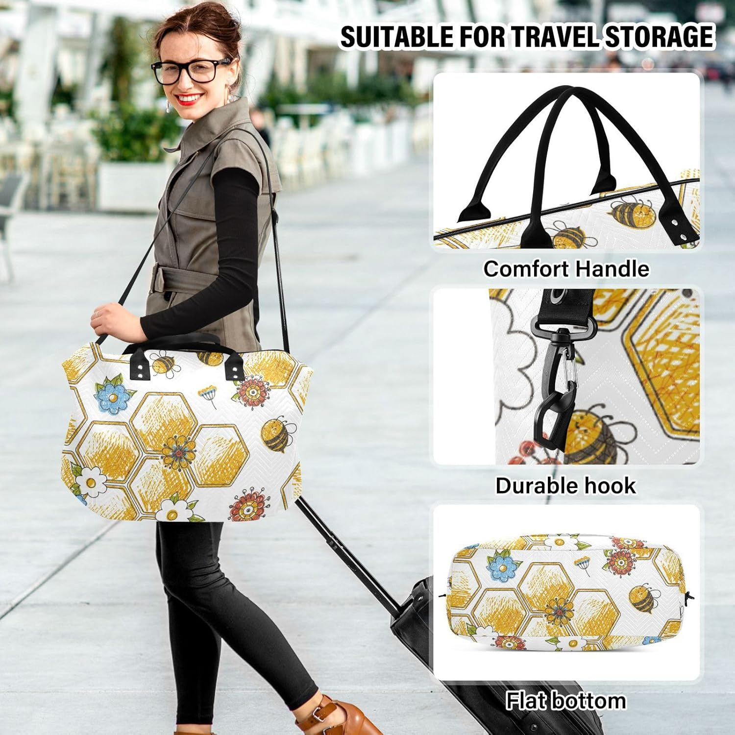 Luggage Travel Bag Weekender Duffel Bag Bees Happy Good Luck and Floral Honeycomb Flower Sports Gym Tote Bag With, Bees Happy Good Luck and Floral Honeycomb Flower, Set of 2, Art Deco image number 4