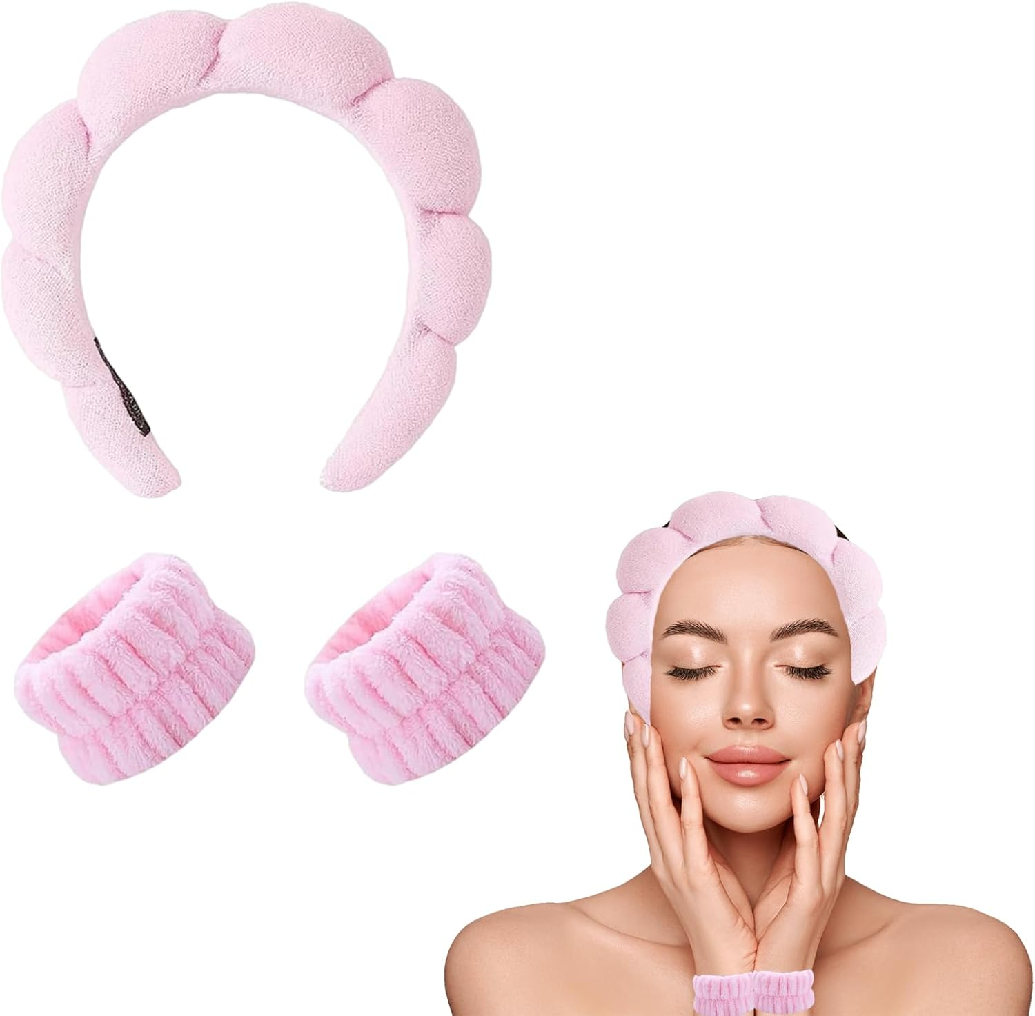 Hair Band Cosmetic Headband, Headband Hand Strap Set, Face Wash Headband, Skin Care Headband, Women'S Spa Hair Band, Daily Wear, Yoga, Sports, Skin Care, Cleaning, Pink image number 1