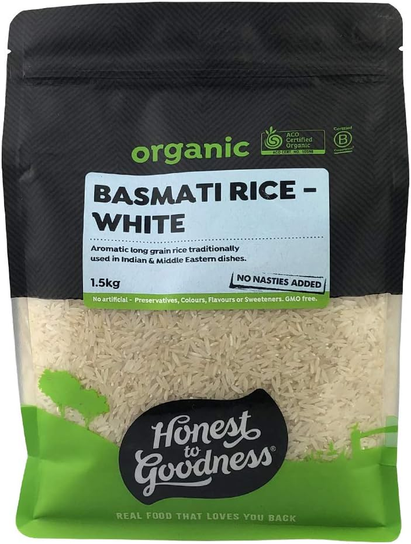 Honest to Goodness, Organic Basmati Rice, White, 1.5 Kg - Known for Its Long-Grain Structure and Distinct Aroma. Experience the Culinary Versatility.