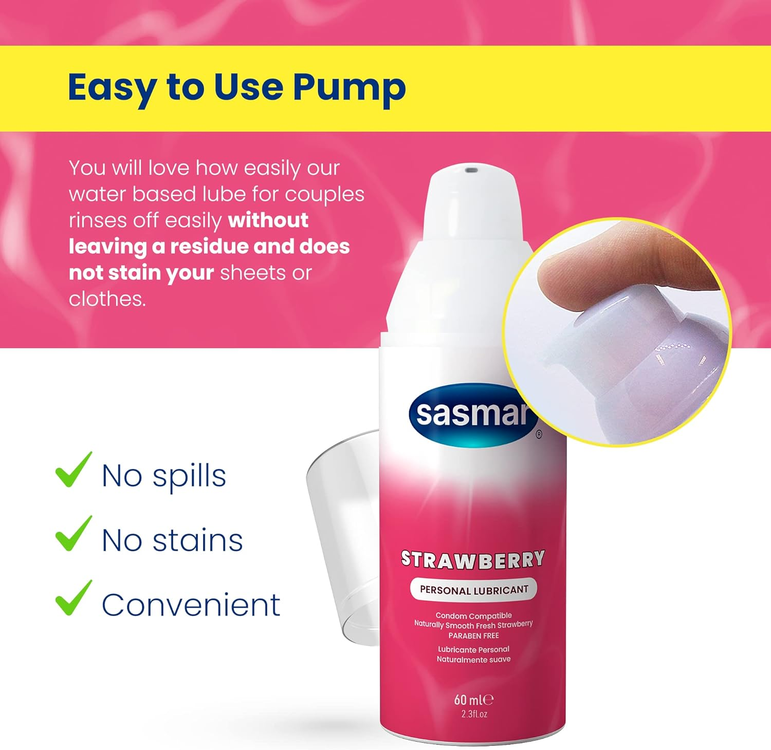 Sasmar Strawberry Flavored Lubricant - Water Based Personal Lube for Men, Women - Feels Natural, Long Lasting Formula, Paraben Free, Toy-Friendly and Condom Safe, Oral Lubricant for Couples - 60 Ml image number 2