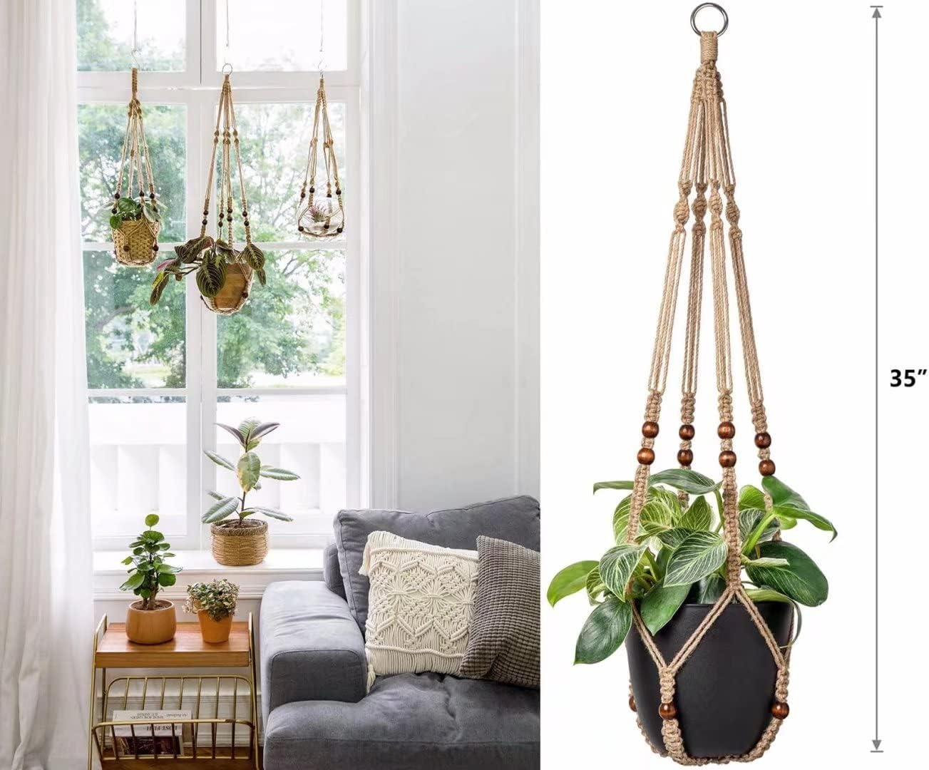 Hanging Planter Rope Macrame Plant Hanger Indoor Wall Hanging Planter + 2 Hooks Hanging Planters Basket Cotton Rope 4 Legs 35 Inch Used for Herbs Ferns Ivy Crawling Plants Hanging Planters(Brown) image number 3
