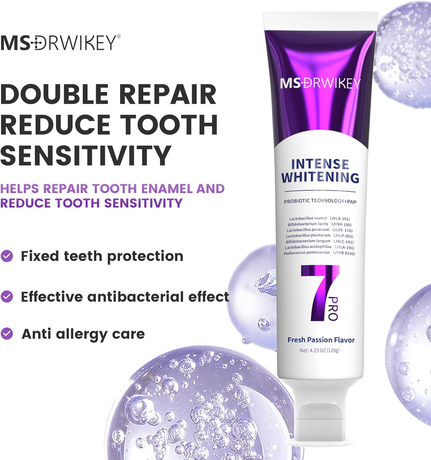 MSDRWIKEY 7Pro Popping Bead Whitening Toothpaste (2Pcs) + SP-6 Cooling Toothpaste (1Pc) &ndash; 3-Pack Powerful Whitening & Long-Lasting Fresh Breath with 7 Probiotics for Healthy Oral Care - Blue*2+Purple image number 2