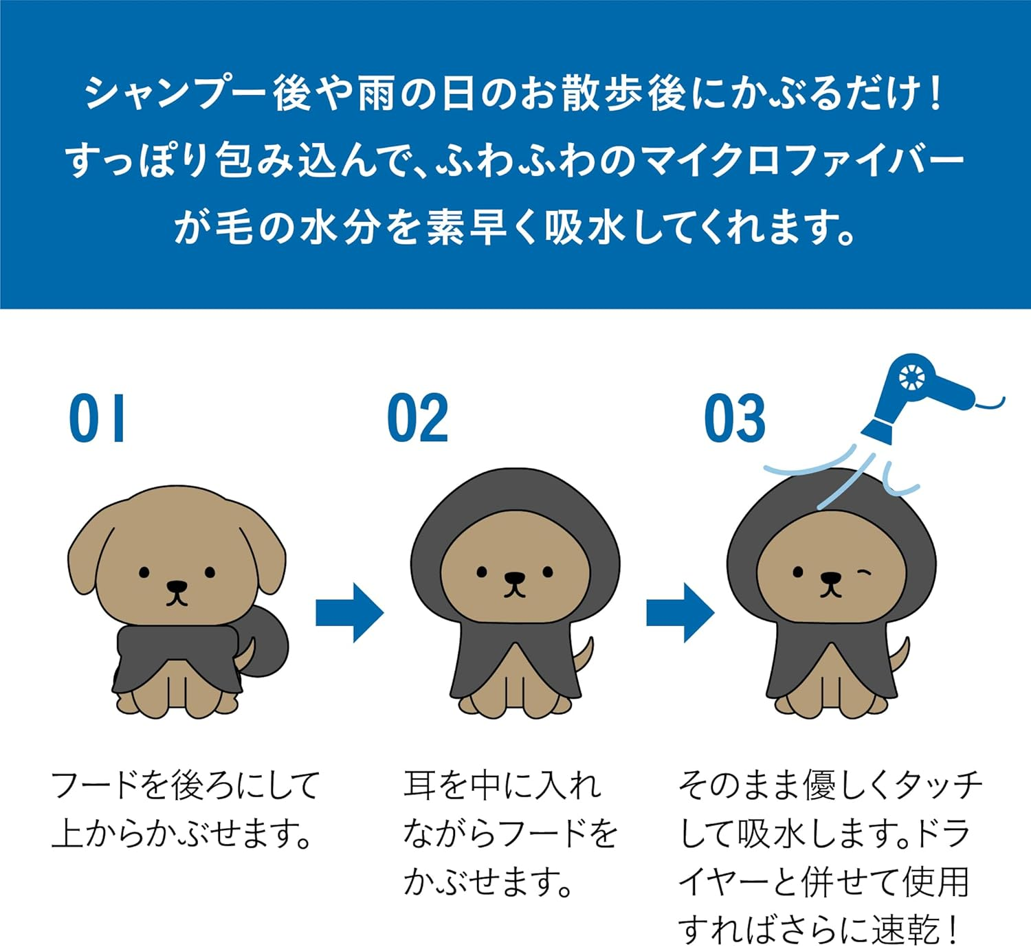 CBJAPAN NOALIKE Hooded Towel, Gray, for Small Dogs and Cats, Neck Circumference 14.2 Inches (36 Cm), Microfiber, Water Absorbent, Quick Drying, Dogs and Cats, Clothes, Antibacterial Pet Robe image number 2