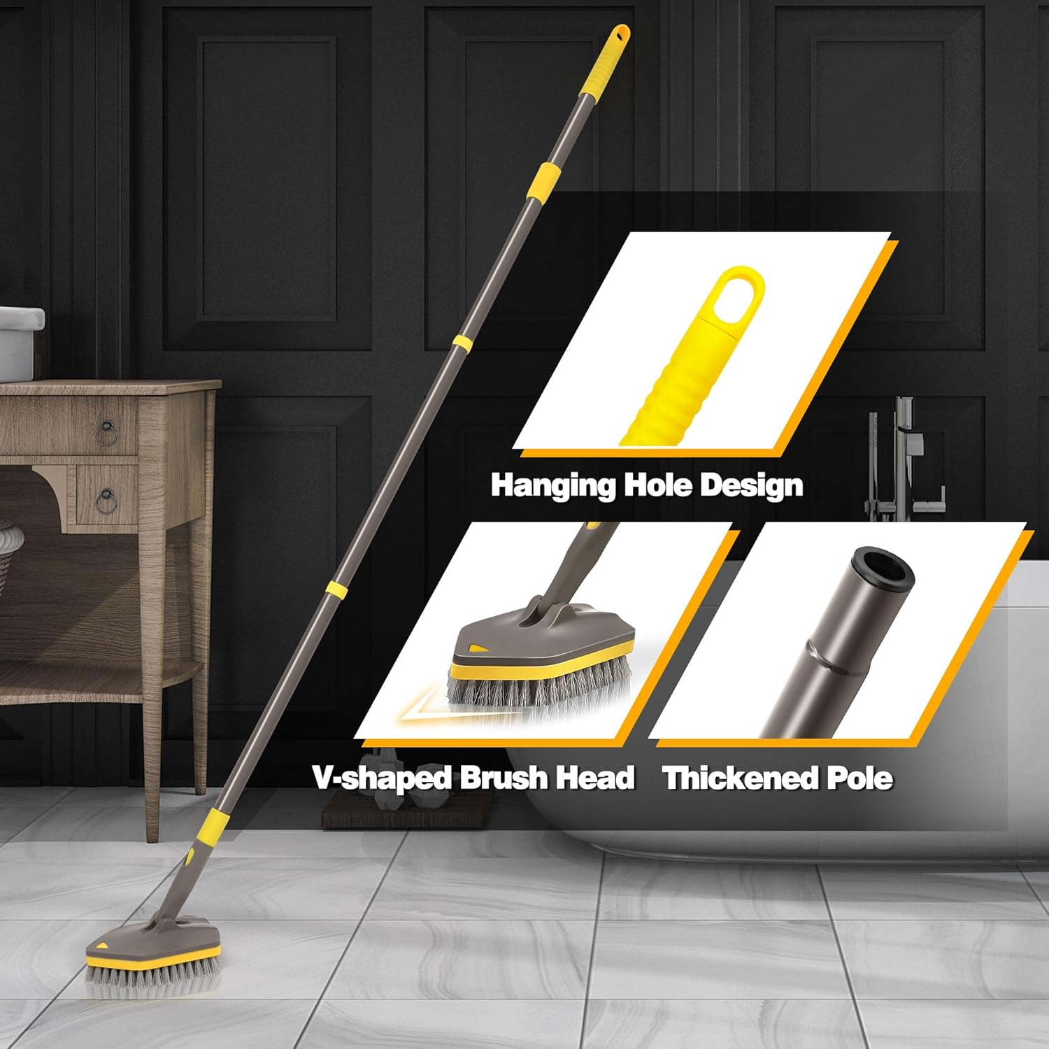 NEWE Shower Cleaner Brush, Tub Tile Scrubber with Telescopic Long Handle 142 Cm, 4 Scrub Heads for Cleaning Bathroom Bathtub Floor Baseboard Sink Kitchen Toilet (Brown Yellow) - Brown Yellow image number 3