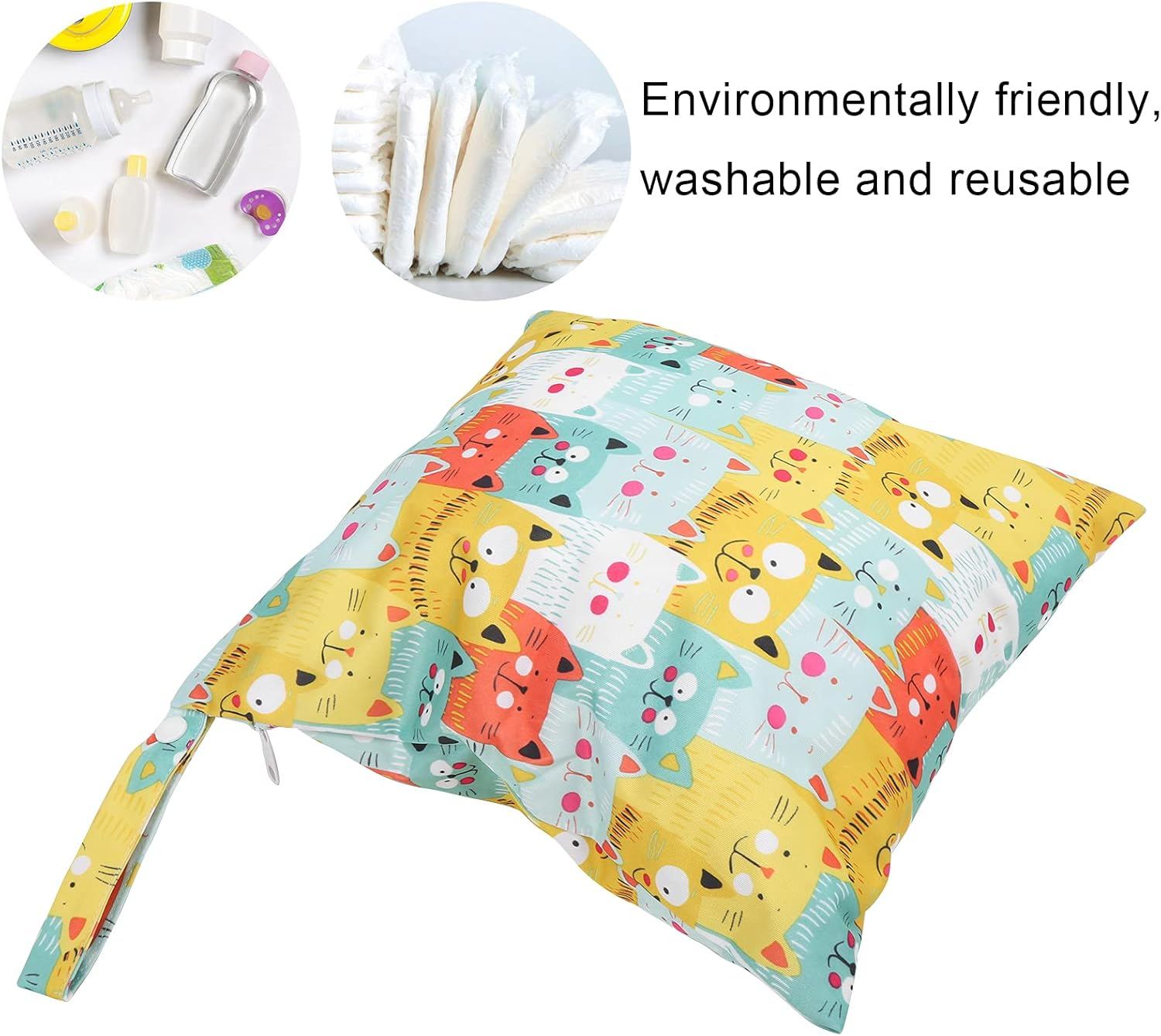 Cloth Diaper Bag, Organizer Bag Cartoon Pattern Single Zipper Double‑Layered Pockets Reusable with Handle Strap for Travel for Cosmetic Bag(Color Cat) image number 4