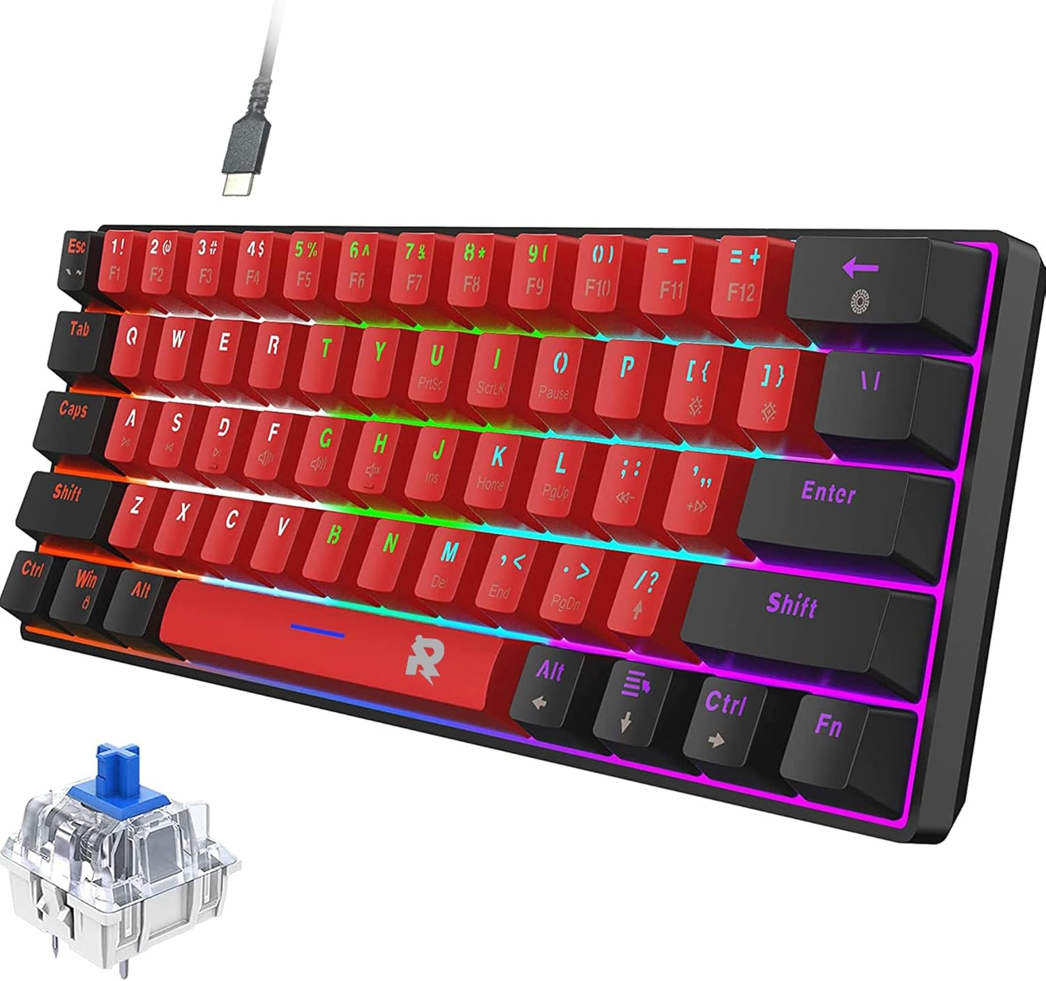 ROCK POW Wired Mechanical PC Gaming Keyboard, LED Backlit 61 Keys Small Wired Office Mechanical Mini Keyboard for Windows Laptop PC Mac (Black-Red, Blue Switches) image number 5