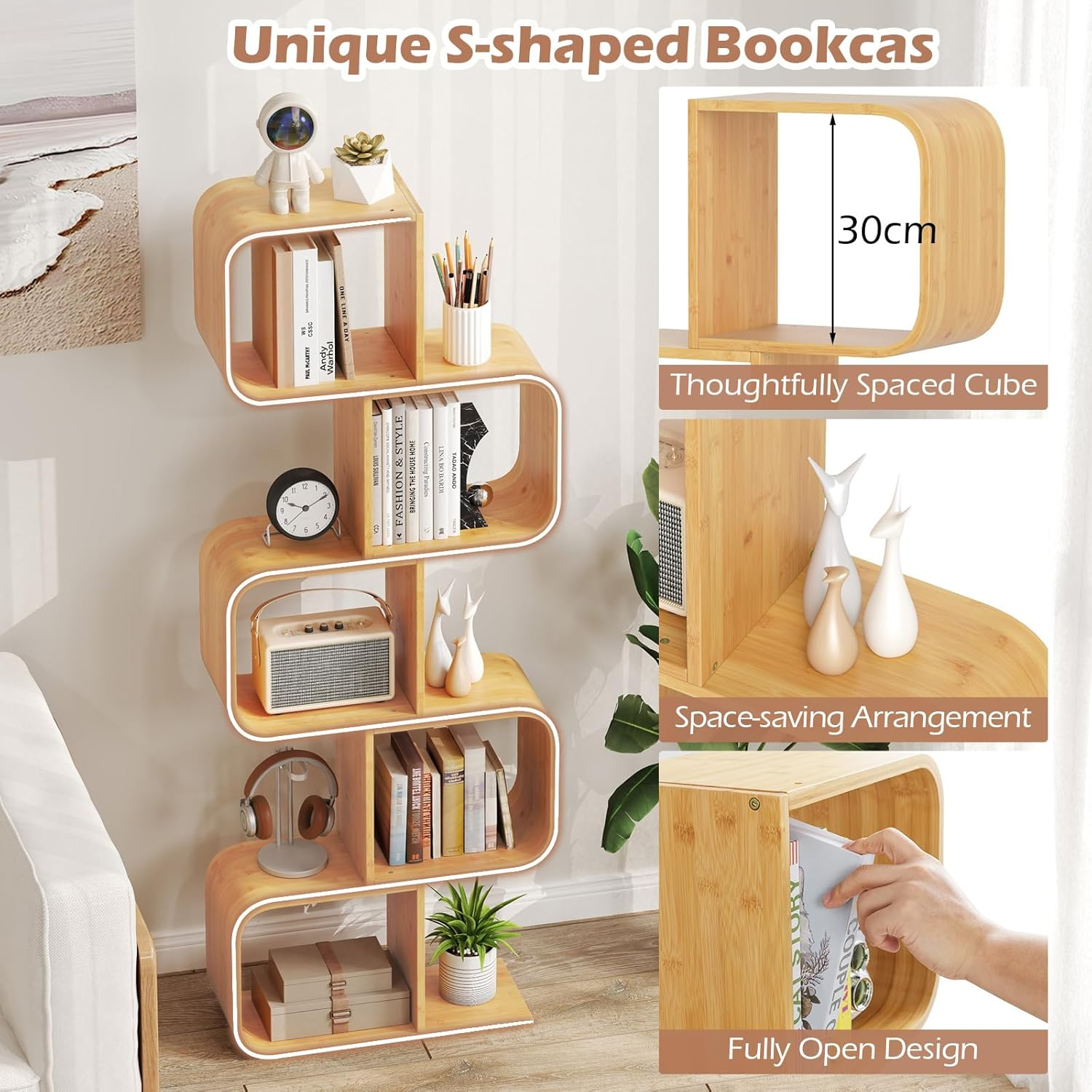 Giantex 5-Tier S-Shaped Bookcase, Bamboo Bookshelf with 5 Open Cubes, Geometric Corner Display Shelf, Decorative Storage Organizer, Floor Storage Rack for Living Room, Study, Home Office, Natural image number 5
