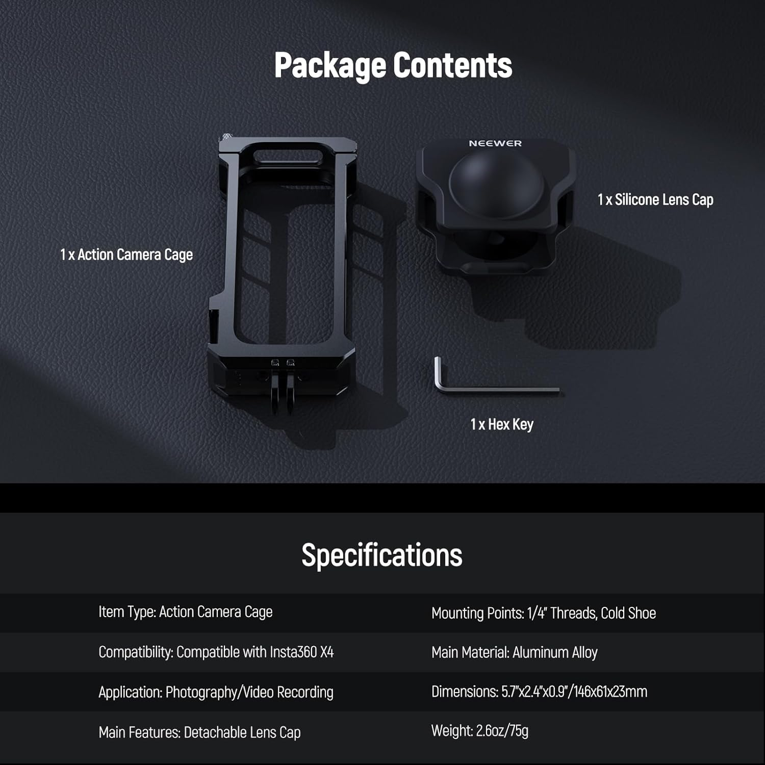 NEEWER X4 Action Camera Cage， Protective Case with Folding Fingers Compatible with Insta360 X4， Video Recording Rig Aluminum Alloy Frame with Lens Protector Cap， No Assembly Required， AC010