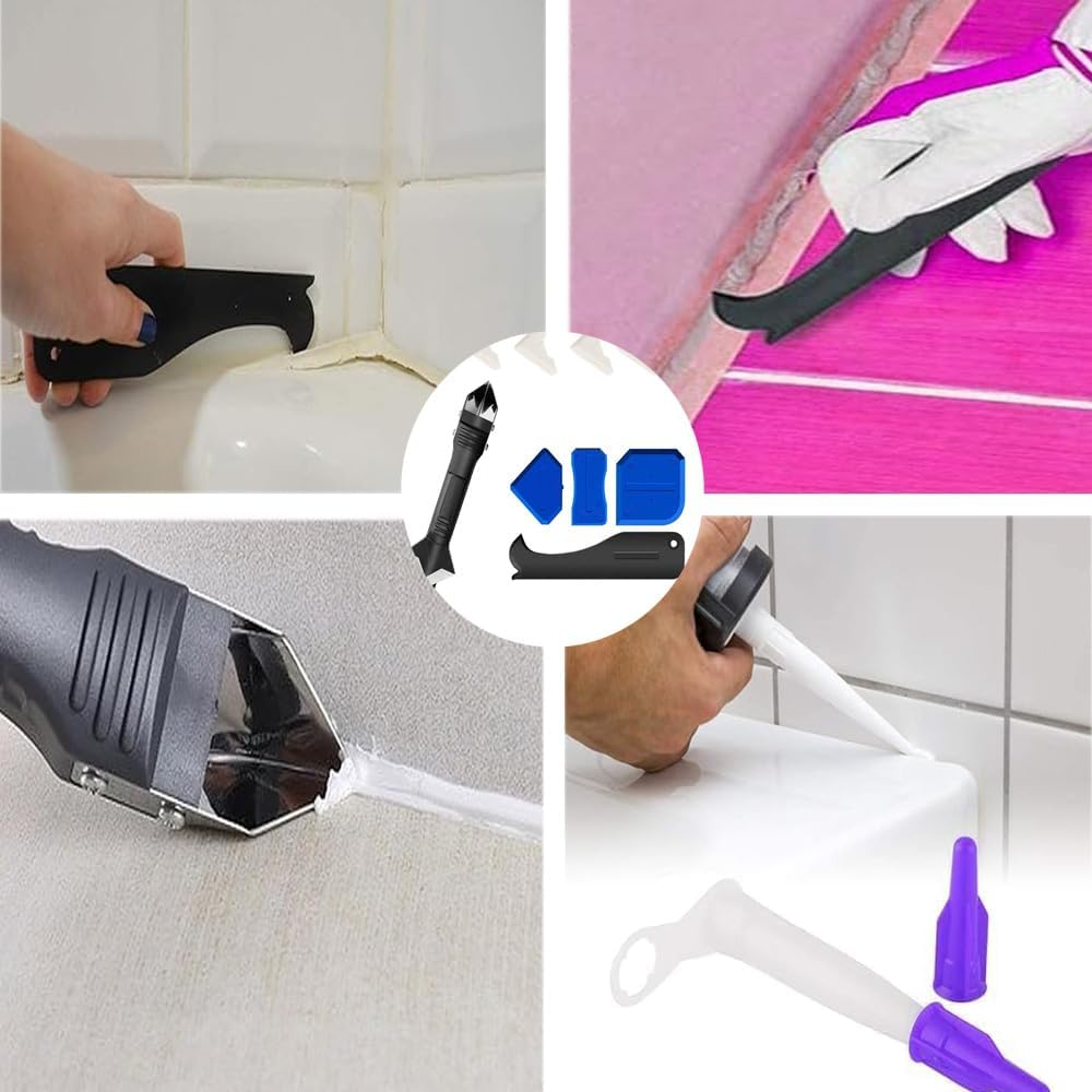 9 Pcs Caulking Tools Set, Glass Glue Angle Scraper, Caulking Nozzle Applicator Finishing Tool Set Kit Sealant Caulk Grout Remover Scraper for Bathroom Kitchen Sealing Hand Caulk Removal Tool image number 3