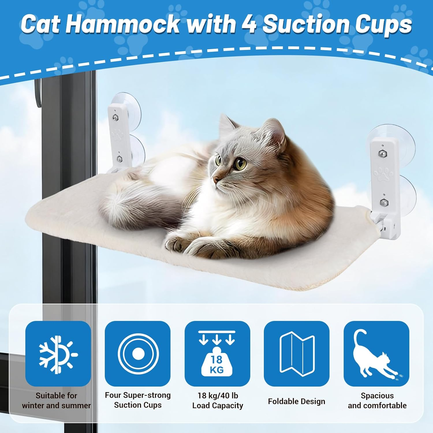 Cordless Window Perch Cat Hammock, Cat Hammock Foldable Window Perch Bed, Cats Viewing Platform Seat with Pad for Indoor, Sunbathing and Bird Watching (Beige, 23.6X12In(60X30Cm)) image number 2