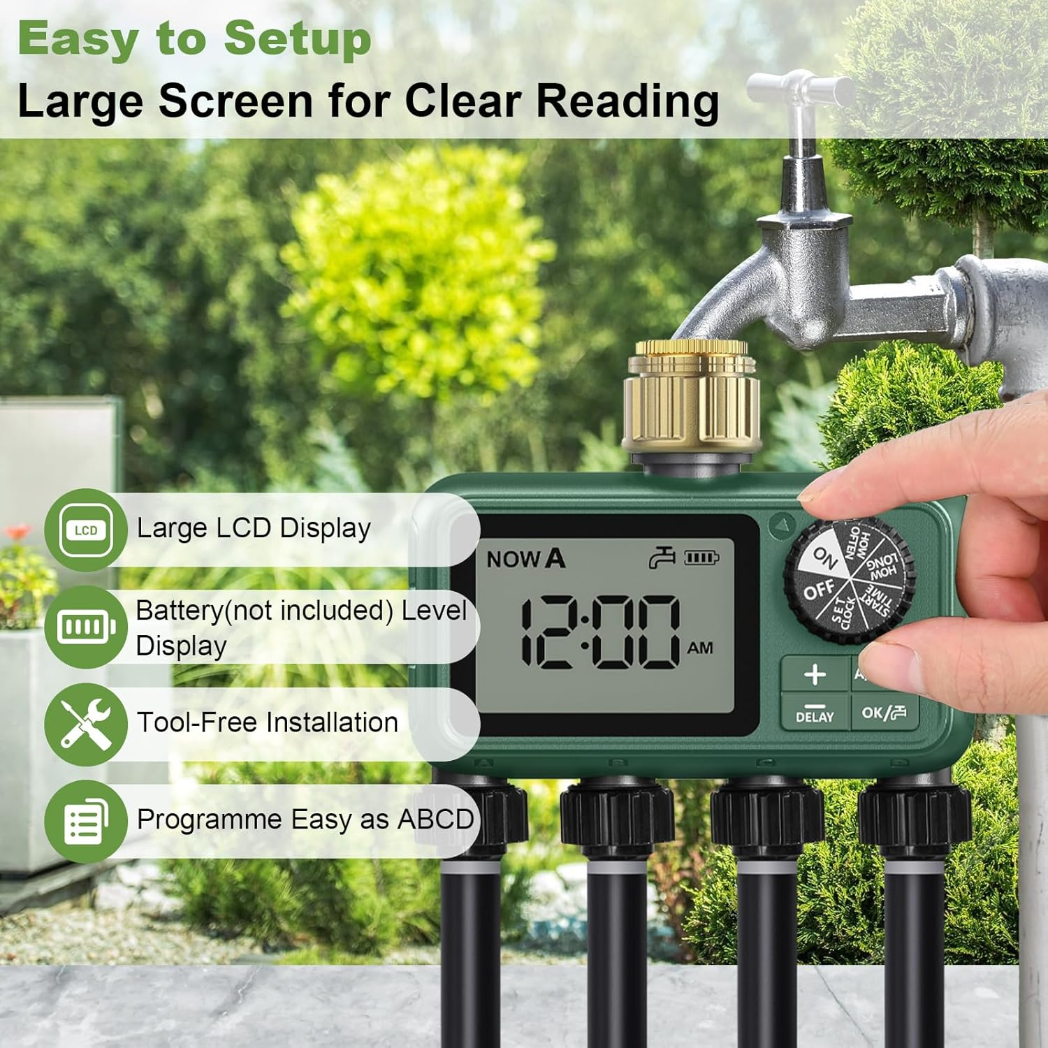 Sprinkler Timer Brass 4 Outlet, Programmable Water Timer for Garden Hose Faucet, Waterproof Gardening Supplies, Automatic Drip Irrigation System Outdoor with Sprinklers for Yard, Lawn, Greenhouse image number 6